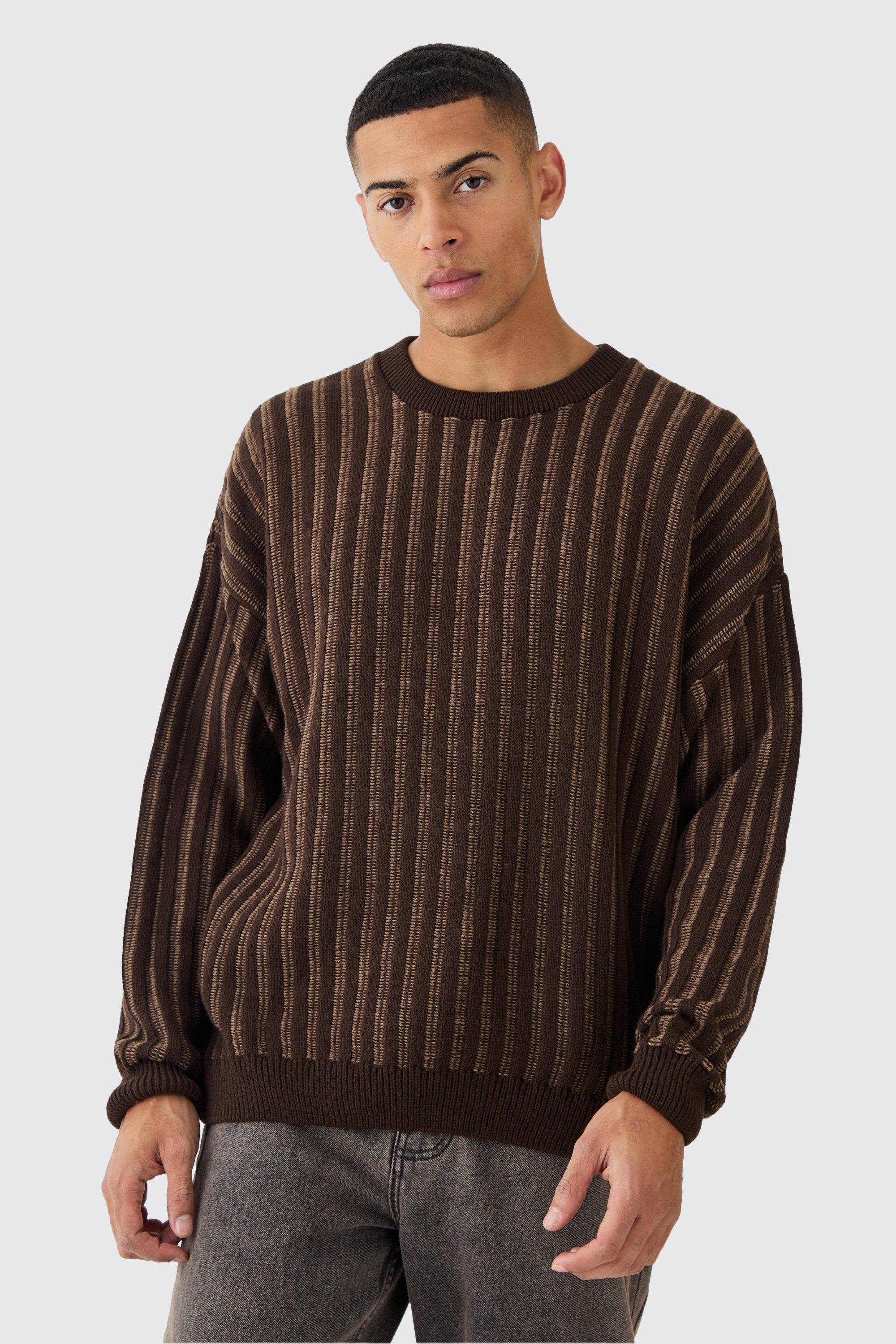 Mens Brown Oversized Crew Neck Two Tone Rib Knitted Jumper, Brown
