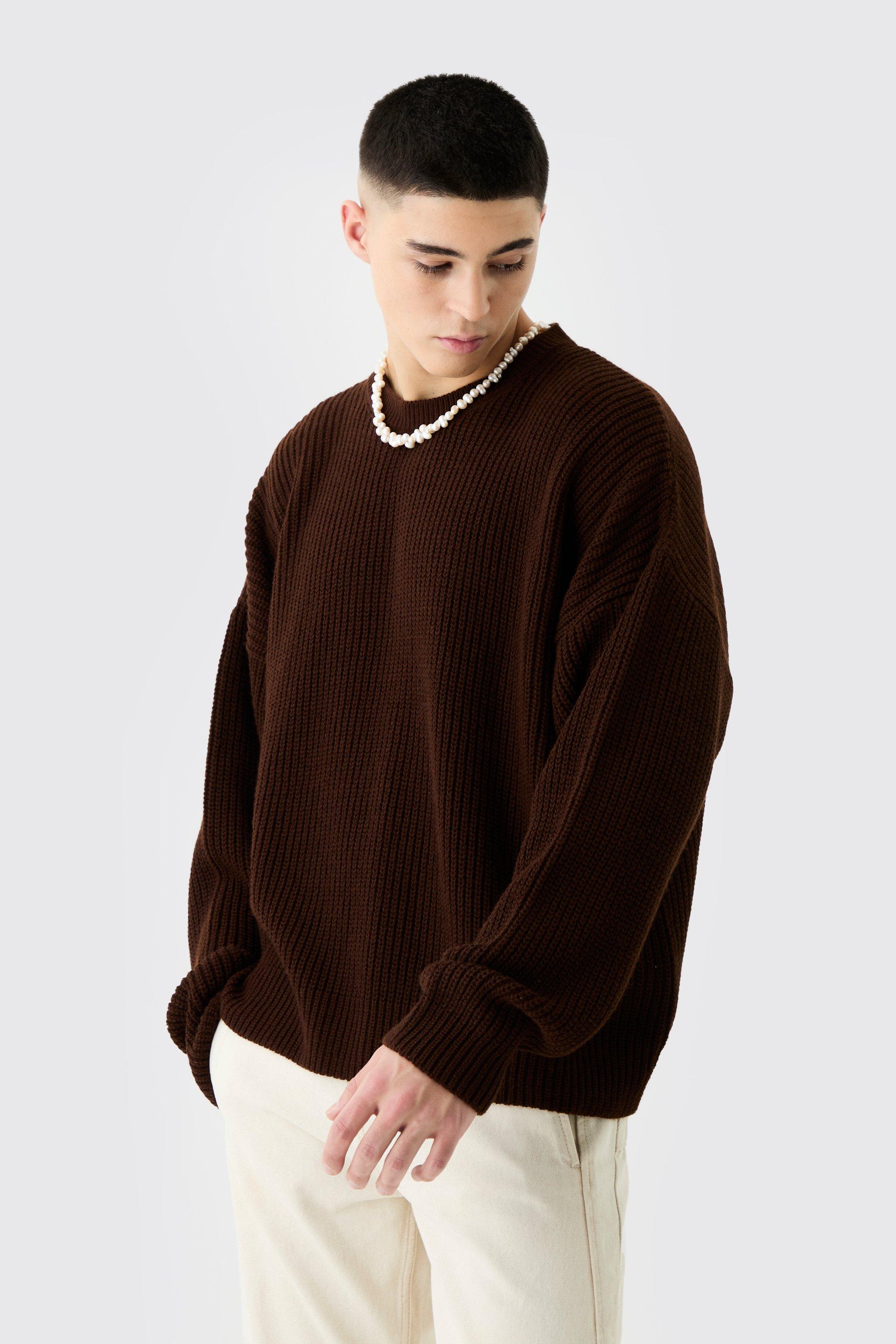 Mens Brown Boxy Crew Neck Ribbed Knitted Jumper, Brown