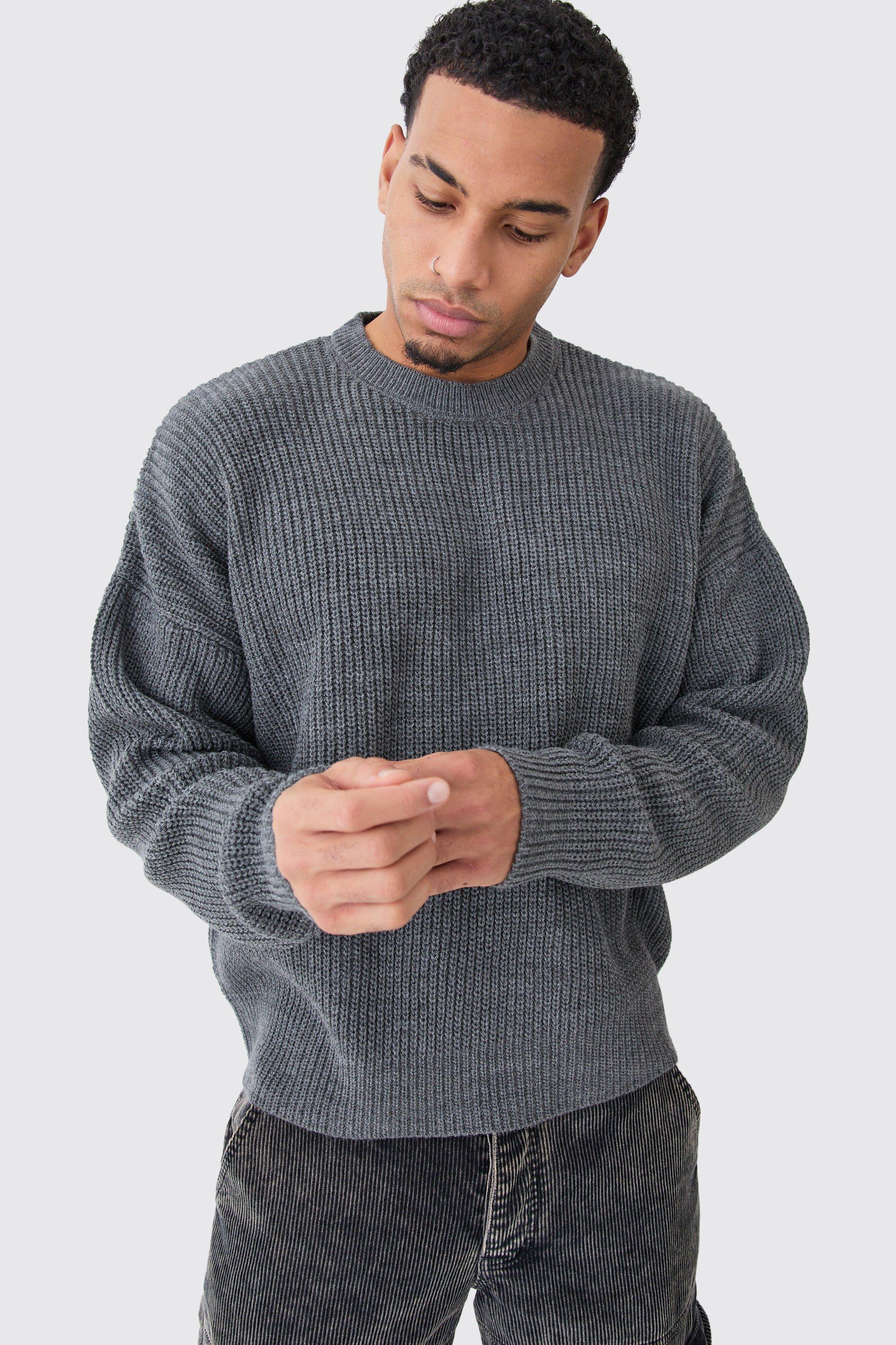 Mens Grey Boxy Crew Neck Ribbed Knitted Jumper, Grey