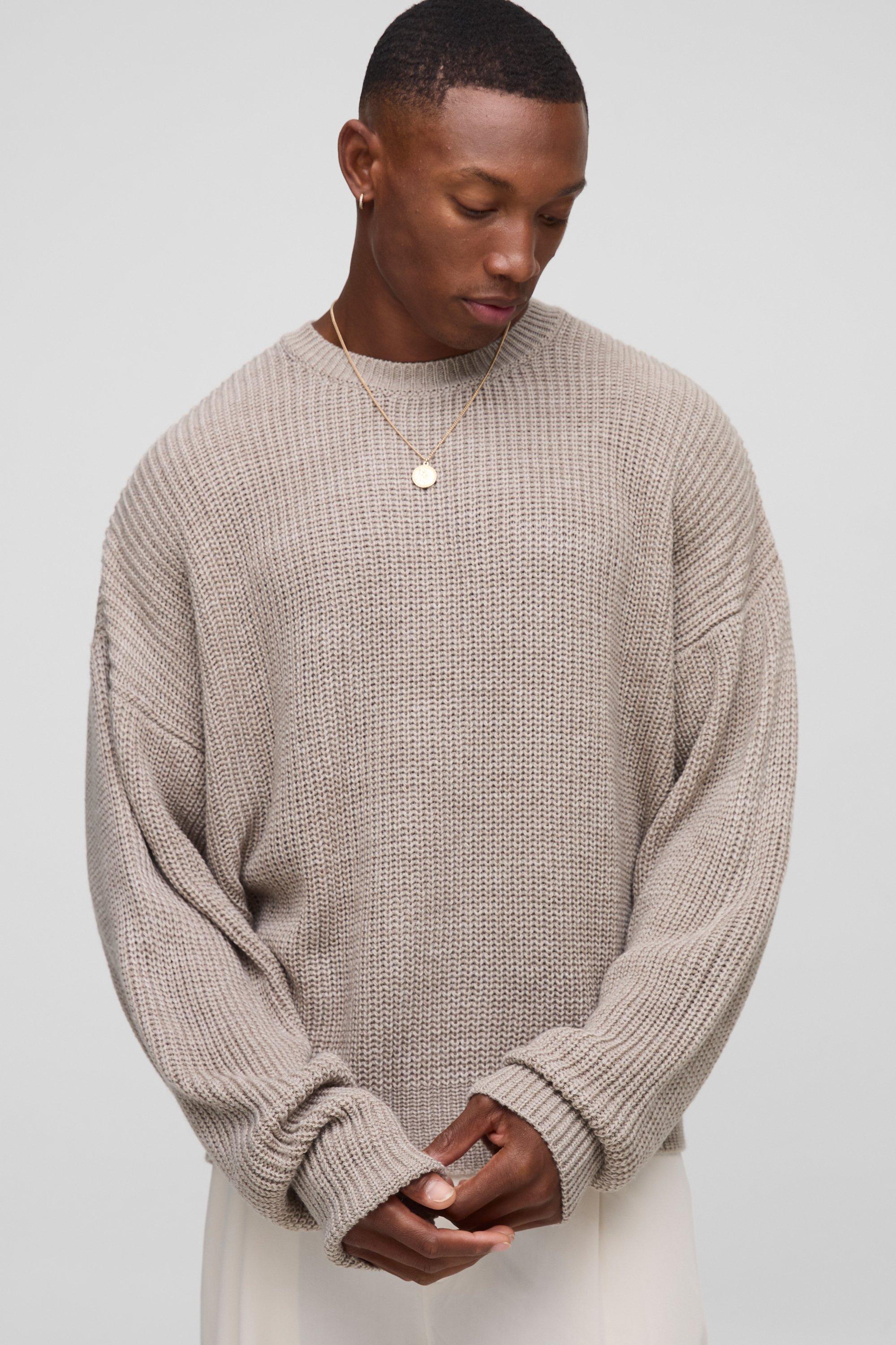 Mens Beige Boxy Crew Neck Ribbed Knitted Jumper, Beige