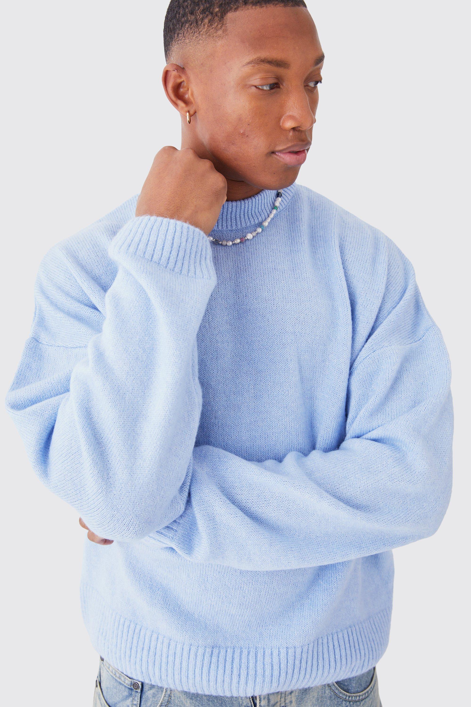 Mens Blue Boxy Brushed Extended Neck Knitted Jumper, Blue