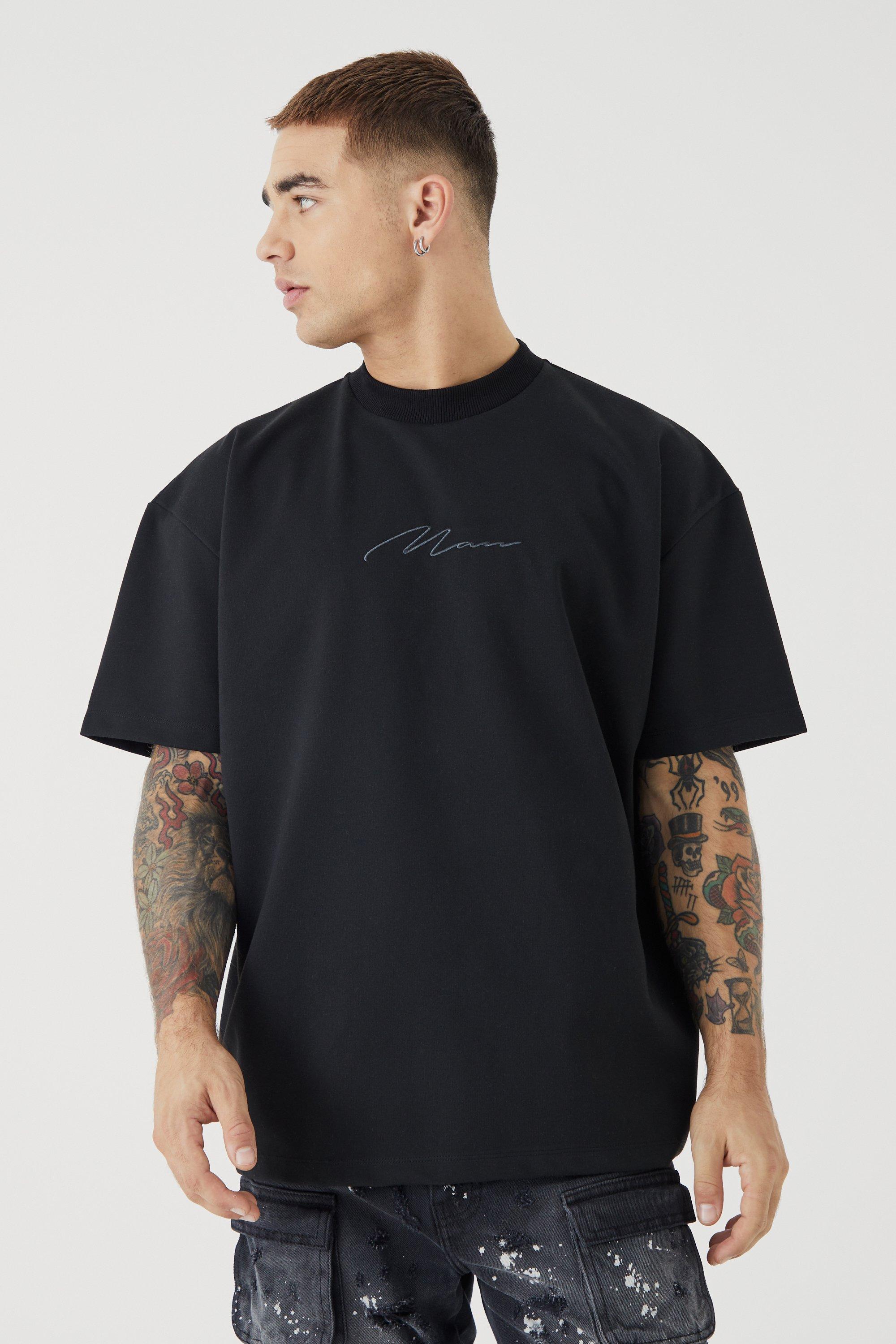 Mens Black Oversized Premium Super Heavyweight Embroidered T-shirt, Black