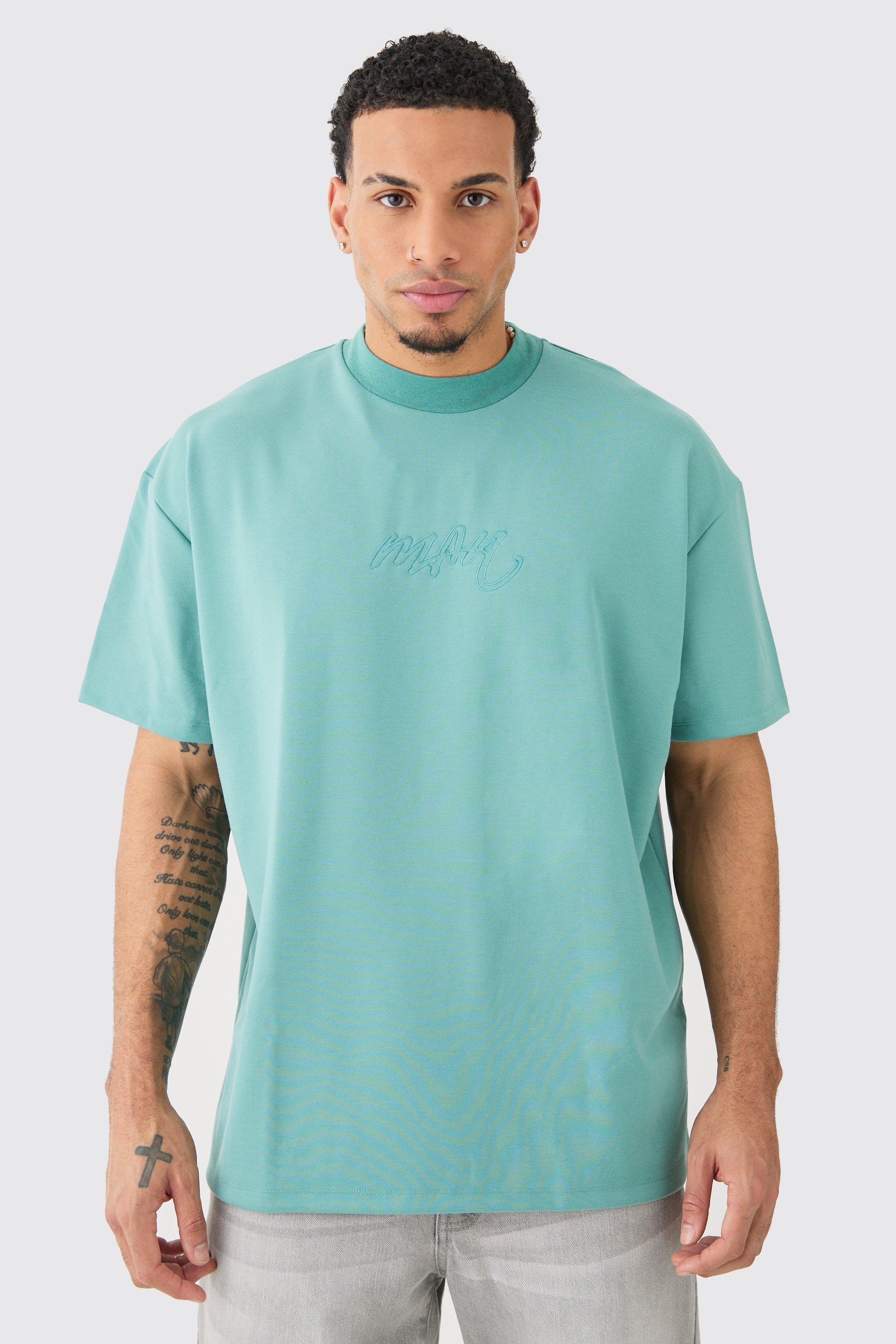 Mens Green Oversized Premium Super Heavyweight Embroidered T-shirt, Green