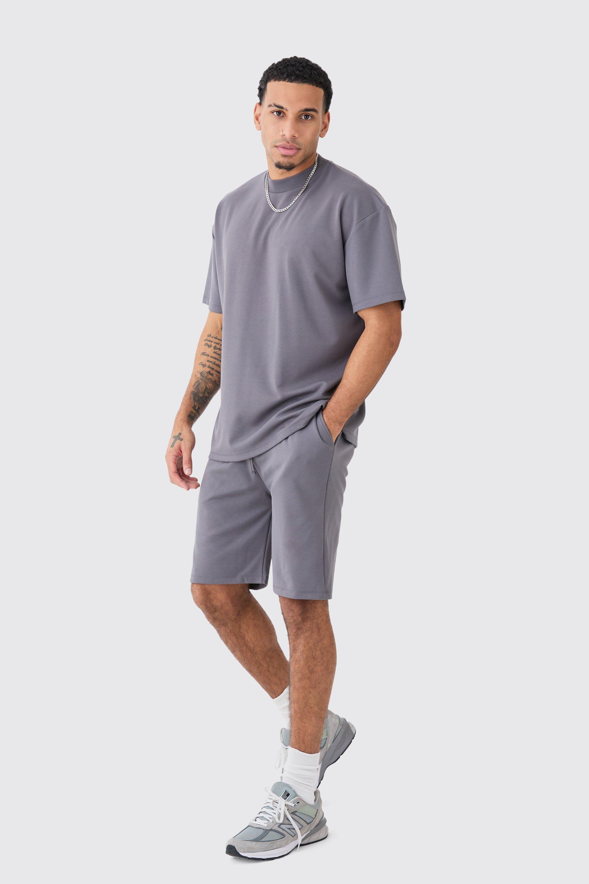 Mens Grey Oversized Premium Super Heavyweight T-shirt & Shorts, Grey