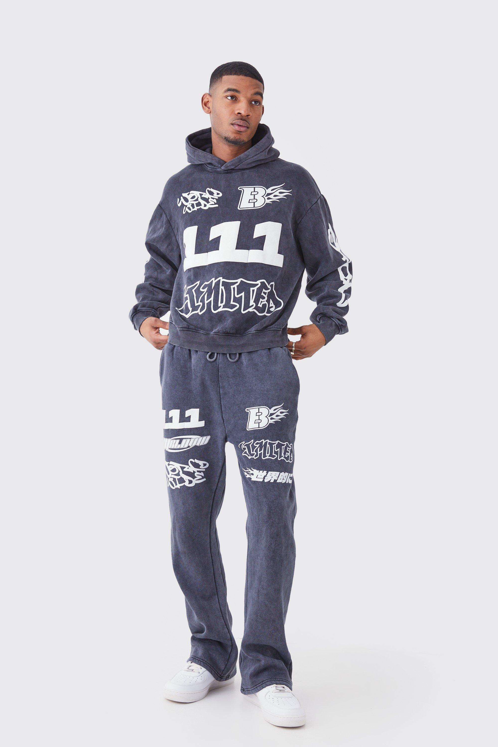 Mens Grey Tall Oversized Boxy Ribbed Puff Print Wash Hooded Tracksuit, Grey