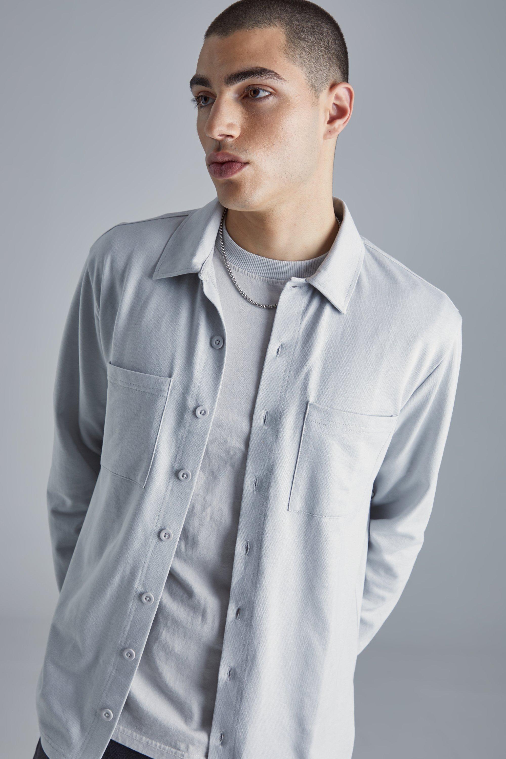 Mens Grey Jersey Utility Button Through Overshirt, Grey