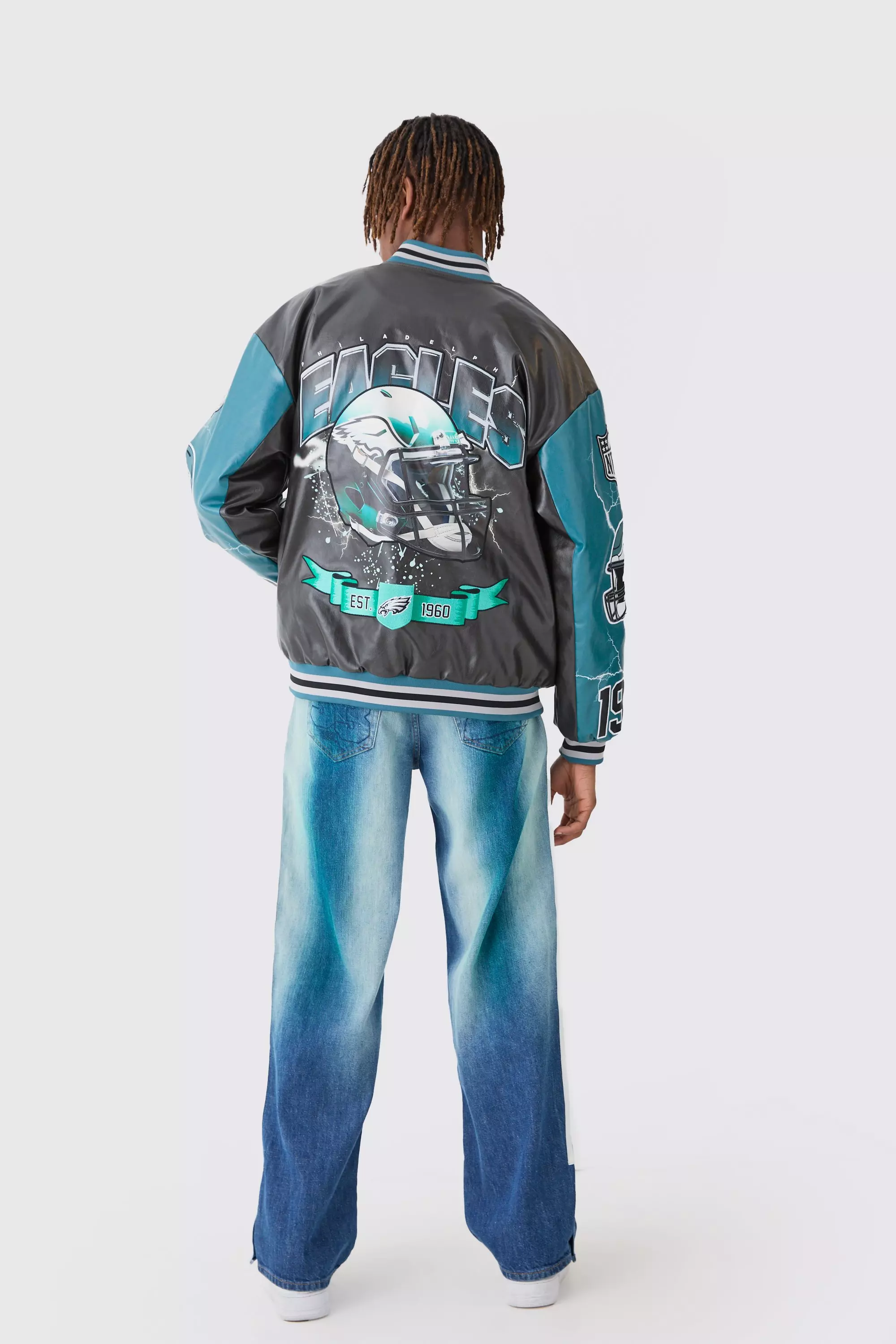 Nfl Eagles Oversized Varsity Pu Applique Jacket | boohooMAN