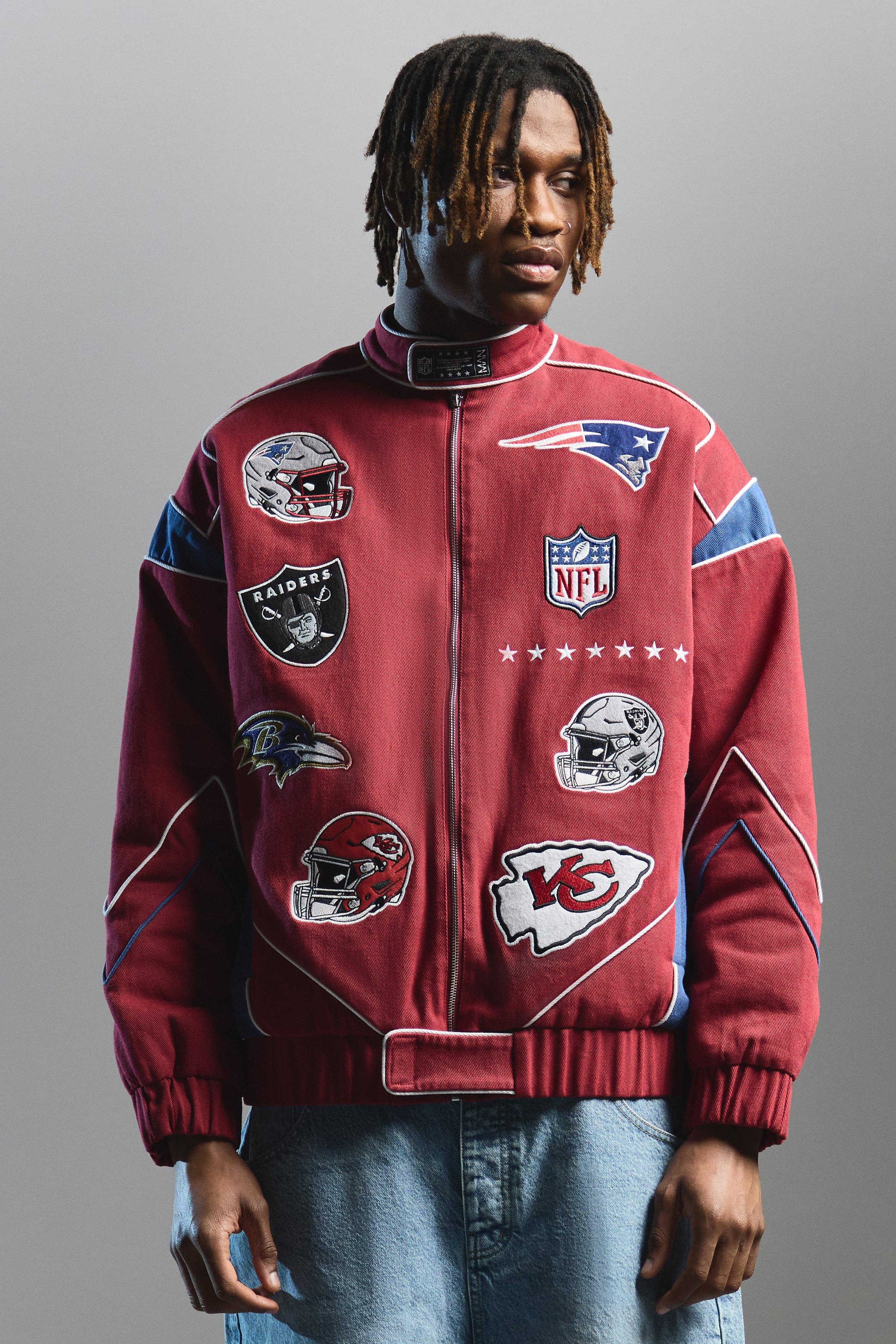 Mens Red Nfl Oversized Moto Pu Jacket With Applique Badges, Red