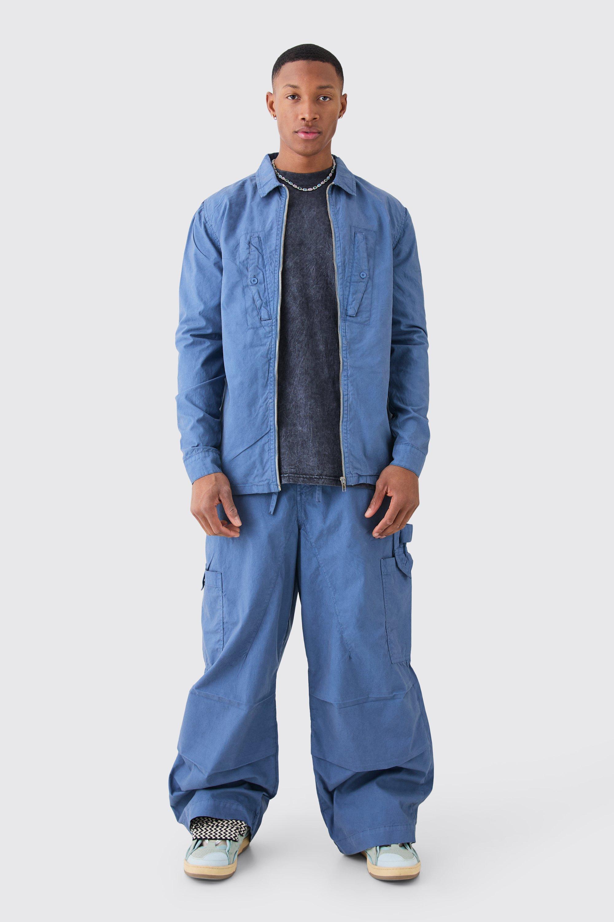 Image of Camicia a maniche lunghe in twill slavato con zip, Azzurro