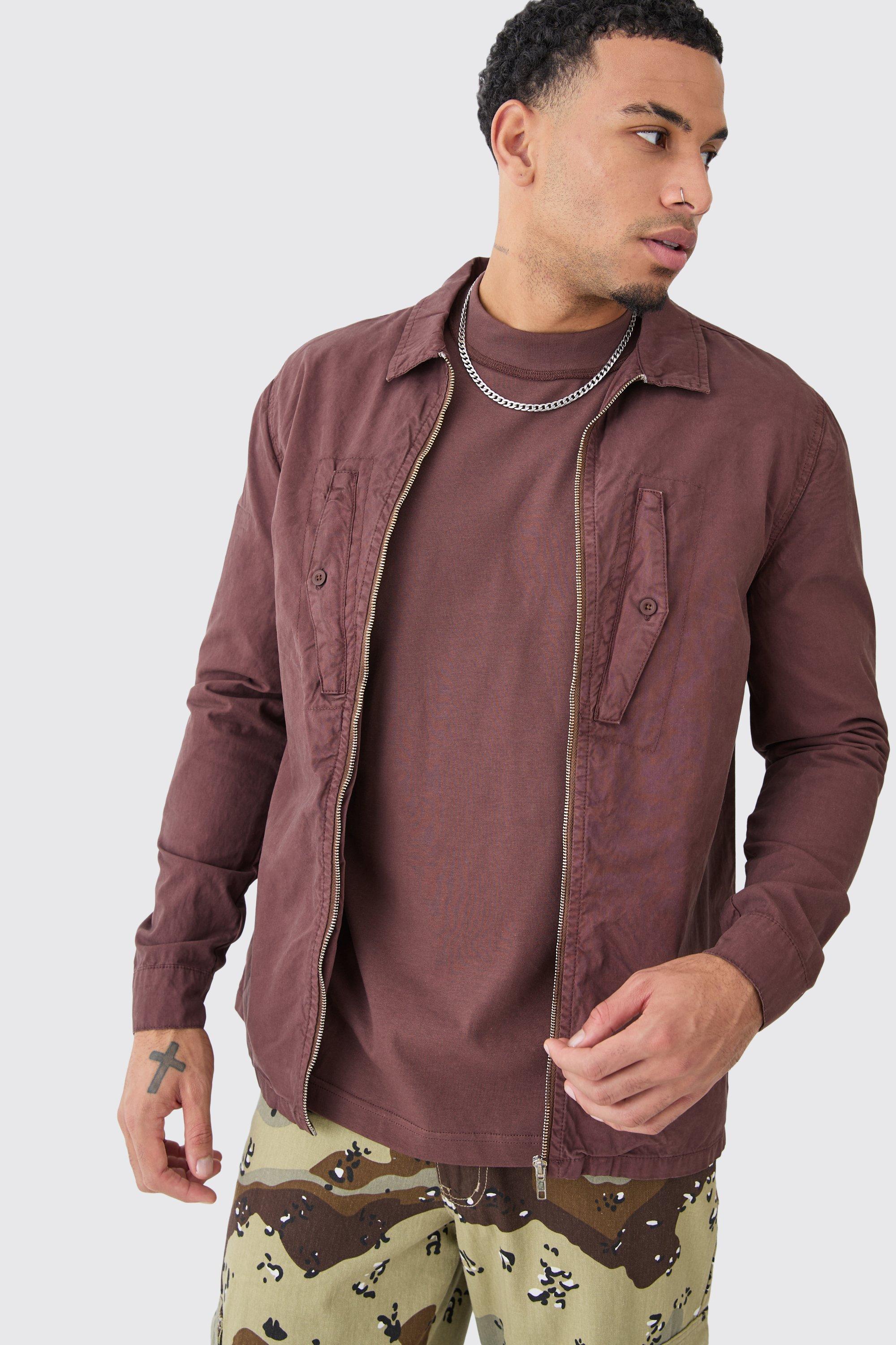 Mens Brown Zip Through Washed Long Sleeve Twill Shirt, Brown