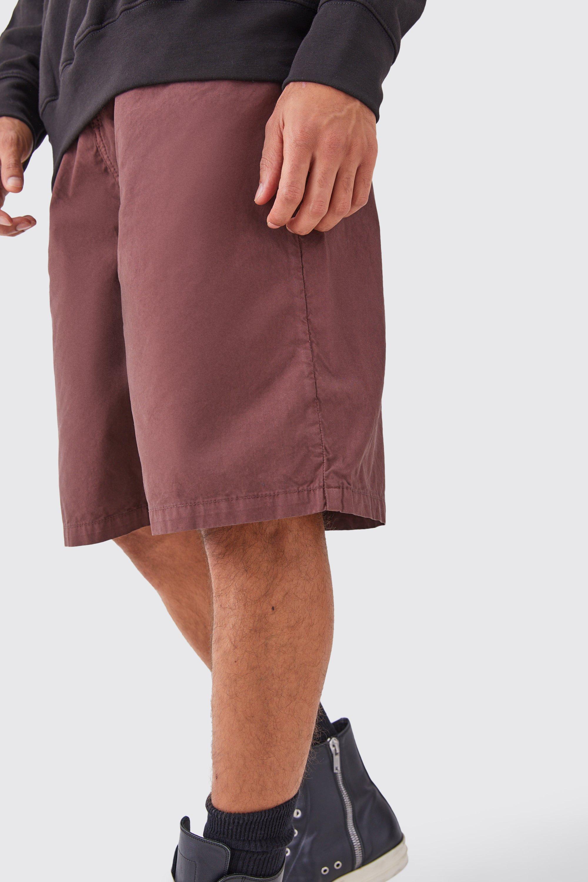 Mens Brown Fixed Waist Washed Longer Length Shorts, Brown