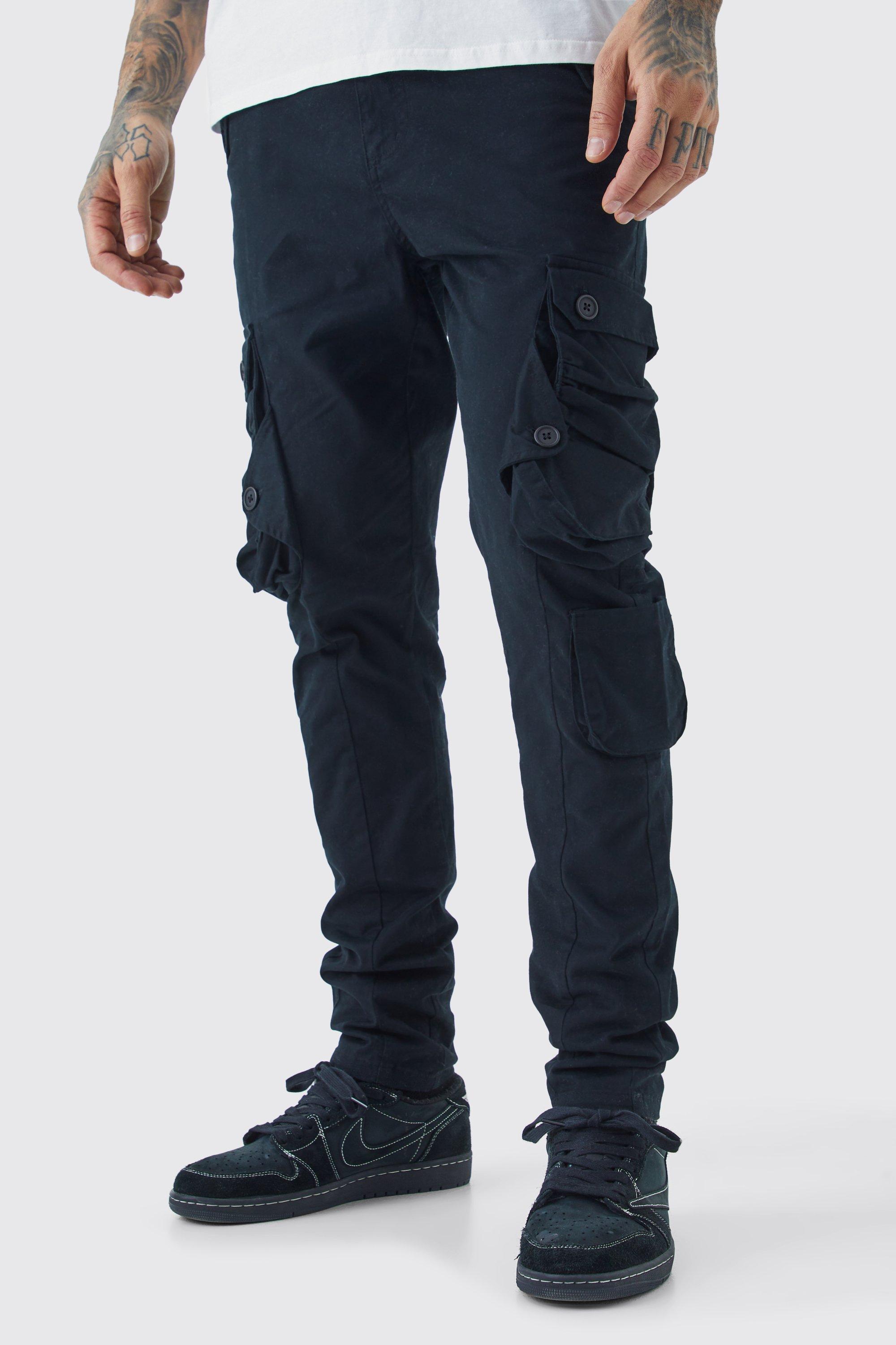 Mens Black Tall Fixed Waist Skinny Stretch Twill Cargo Trouser, Black