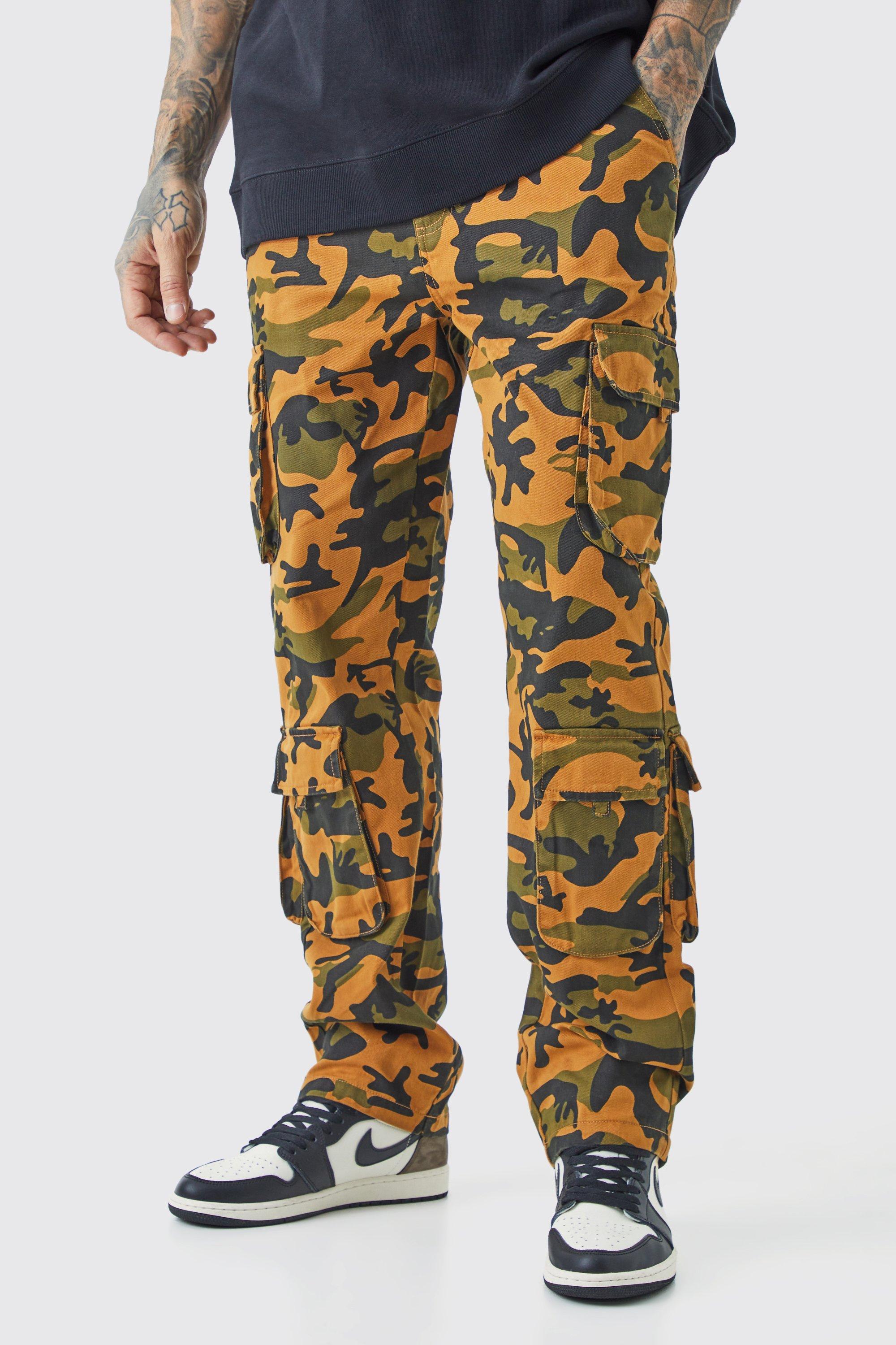 Mens Multi Tall Fixed Waist Wide Leg Twill Camo Cargo Trouser, Multi