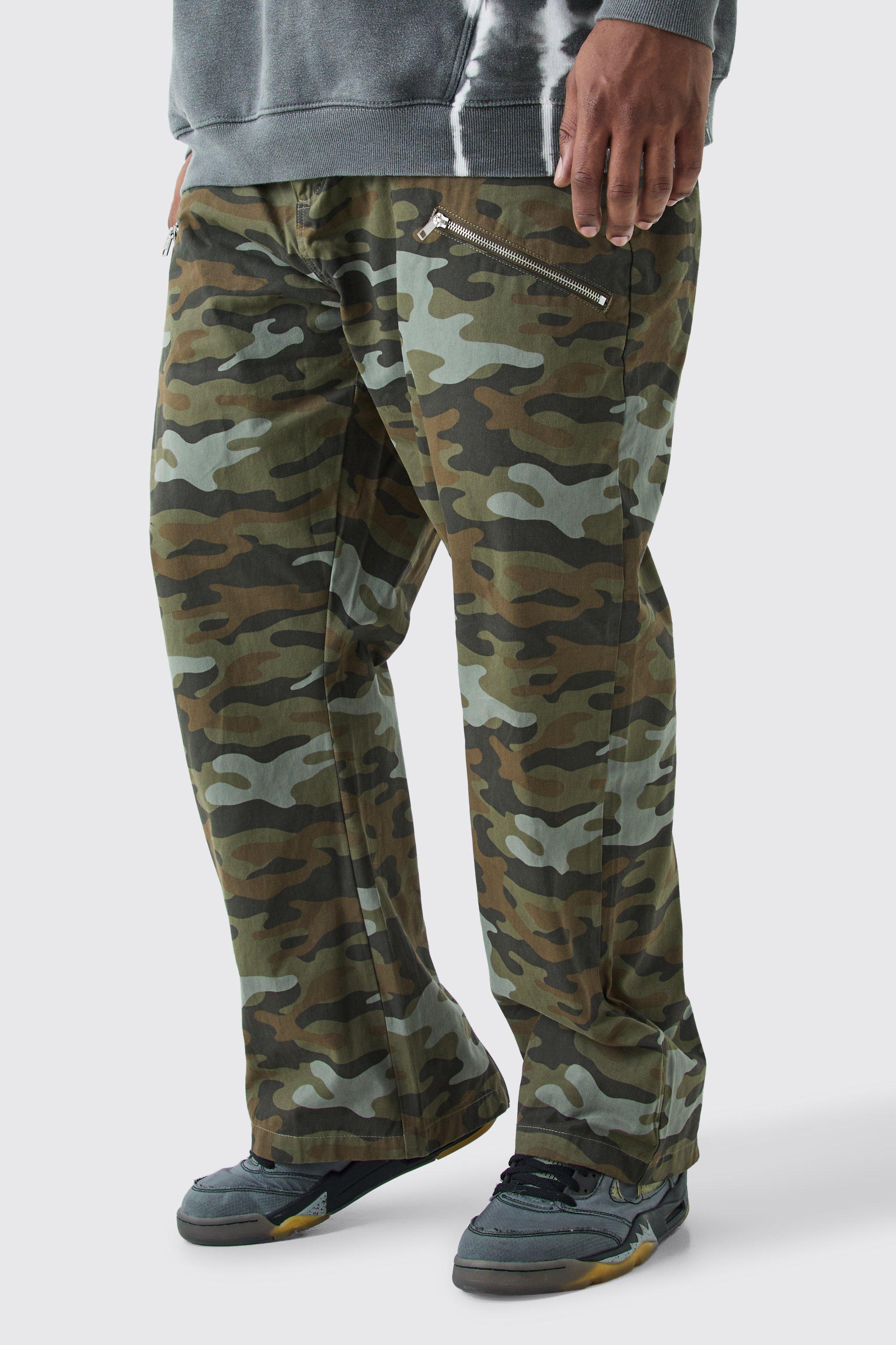 Image of Pantaloni Plus Size dritti in twill in fantasia militare con inserti e zip a vita fissa, Multi