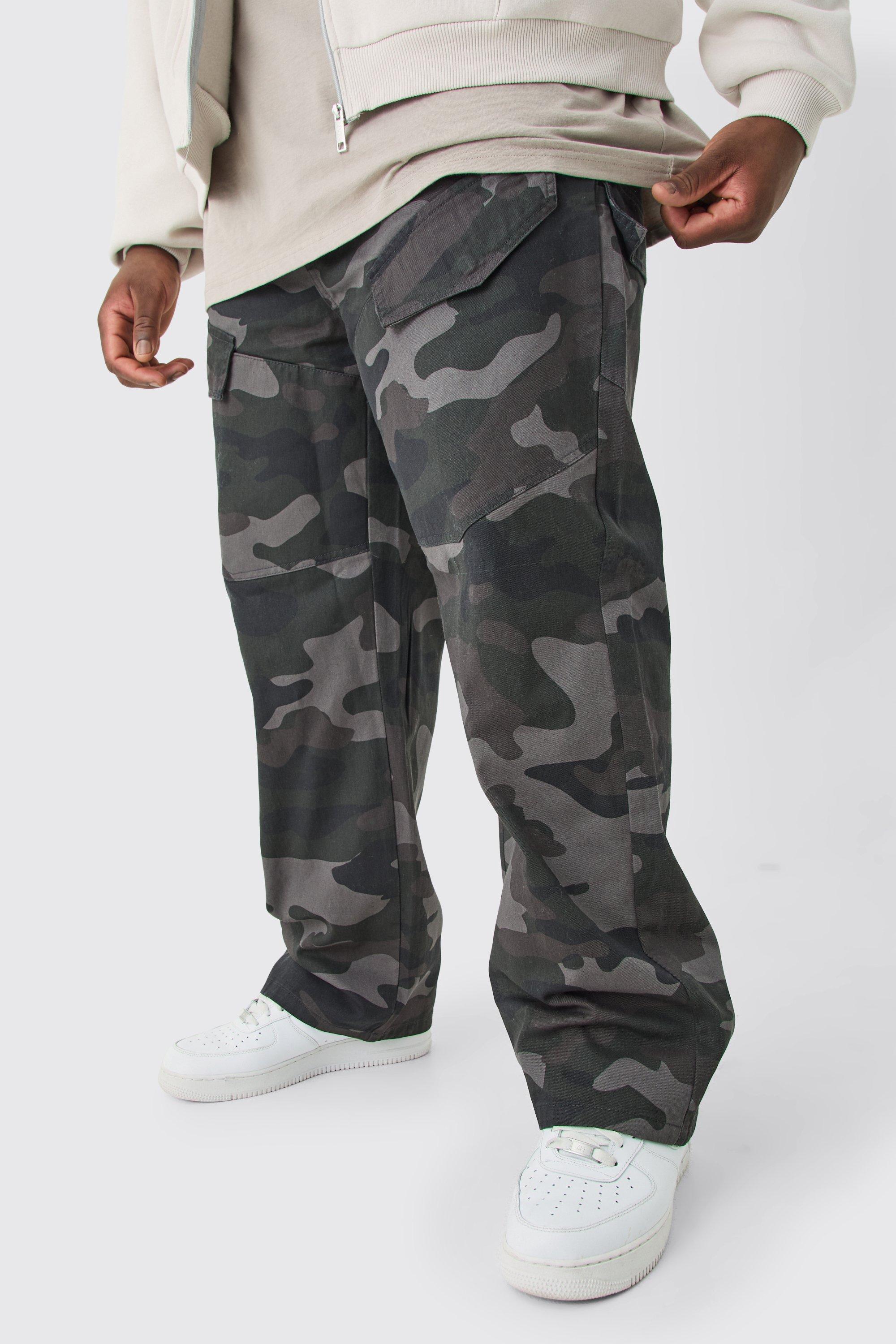 Mens Multi Plus Fixed Waist Relaxed Asymetric Camo Cargo Twill Trouser, Multi