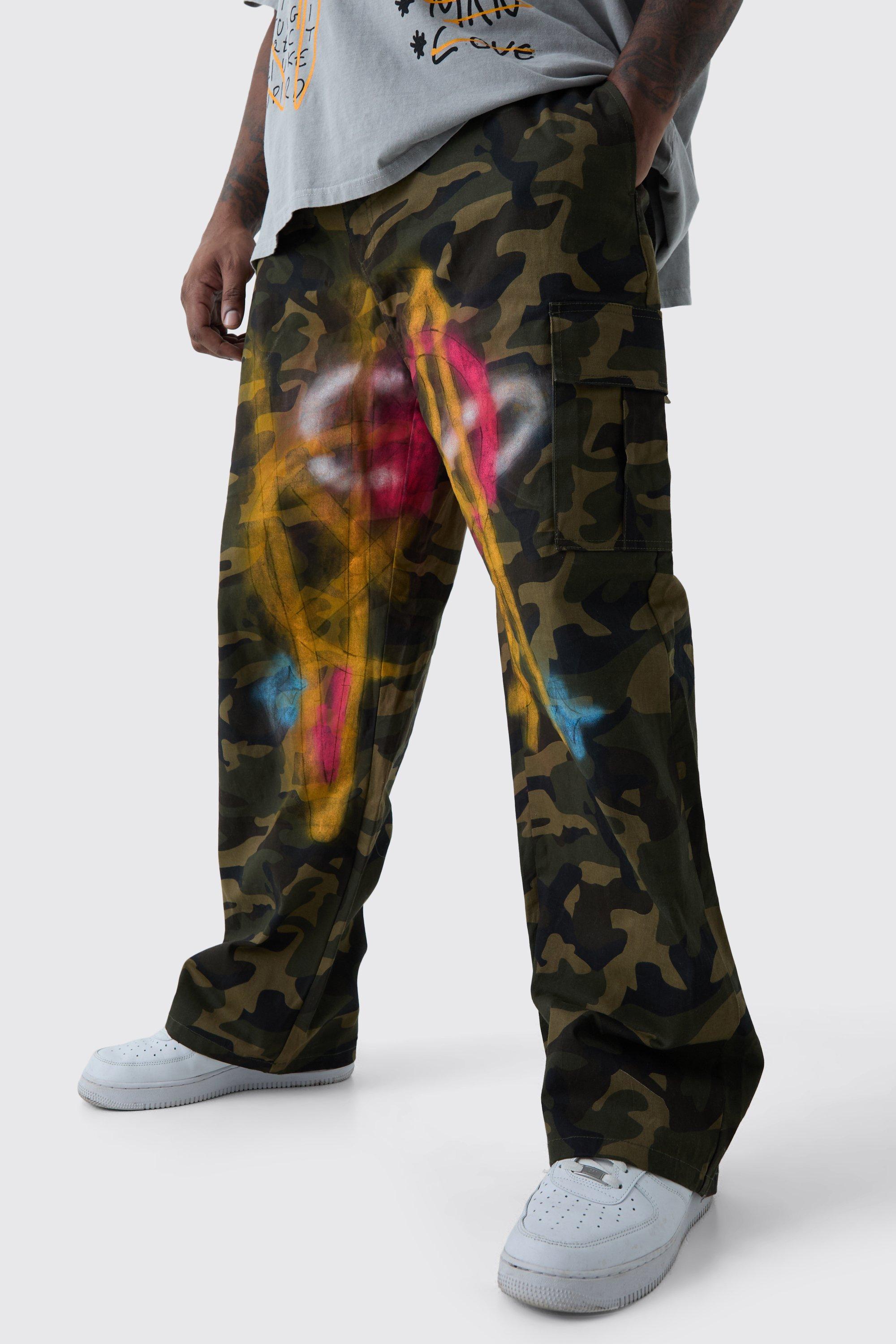 Mens Multi Plus Fixed Waist Relaxed Twill Camo Paint Splatter Cargo Tro, Multi