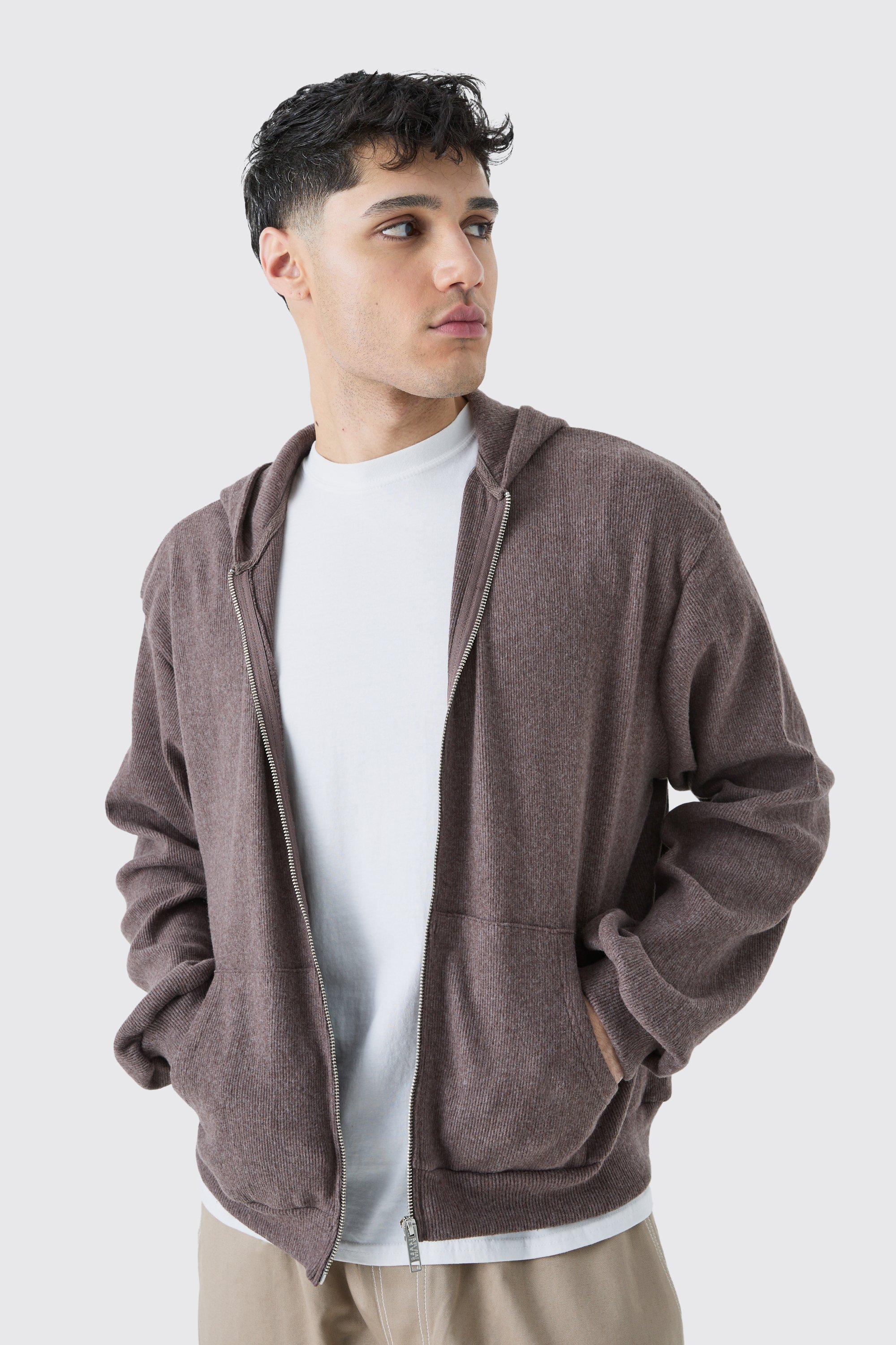 Mens Brown Brushed Rib Ottoman Oversized Boxy Zip Up, Brown