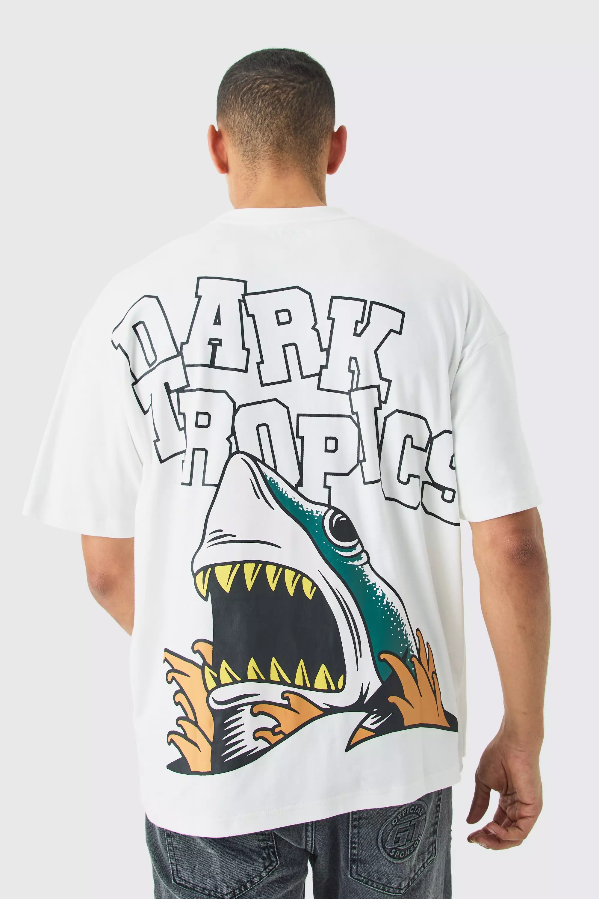boohooMAN Oversized Interlock Dark Tropics Shark T-Shirt