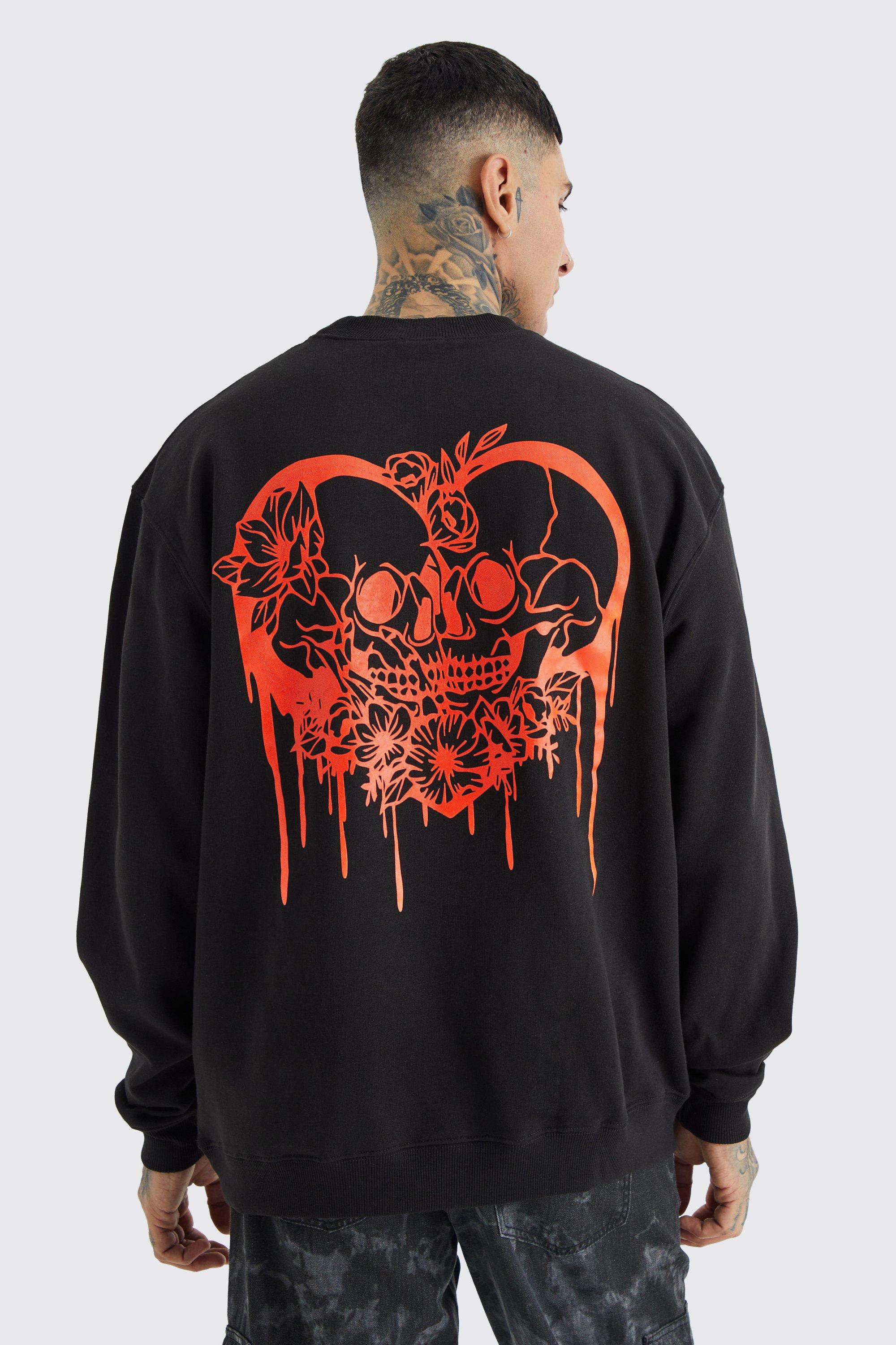 Mens Black Tall Oversized Skull Heart Graphic Extended Neck Sweatshirt, Black