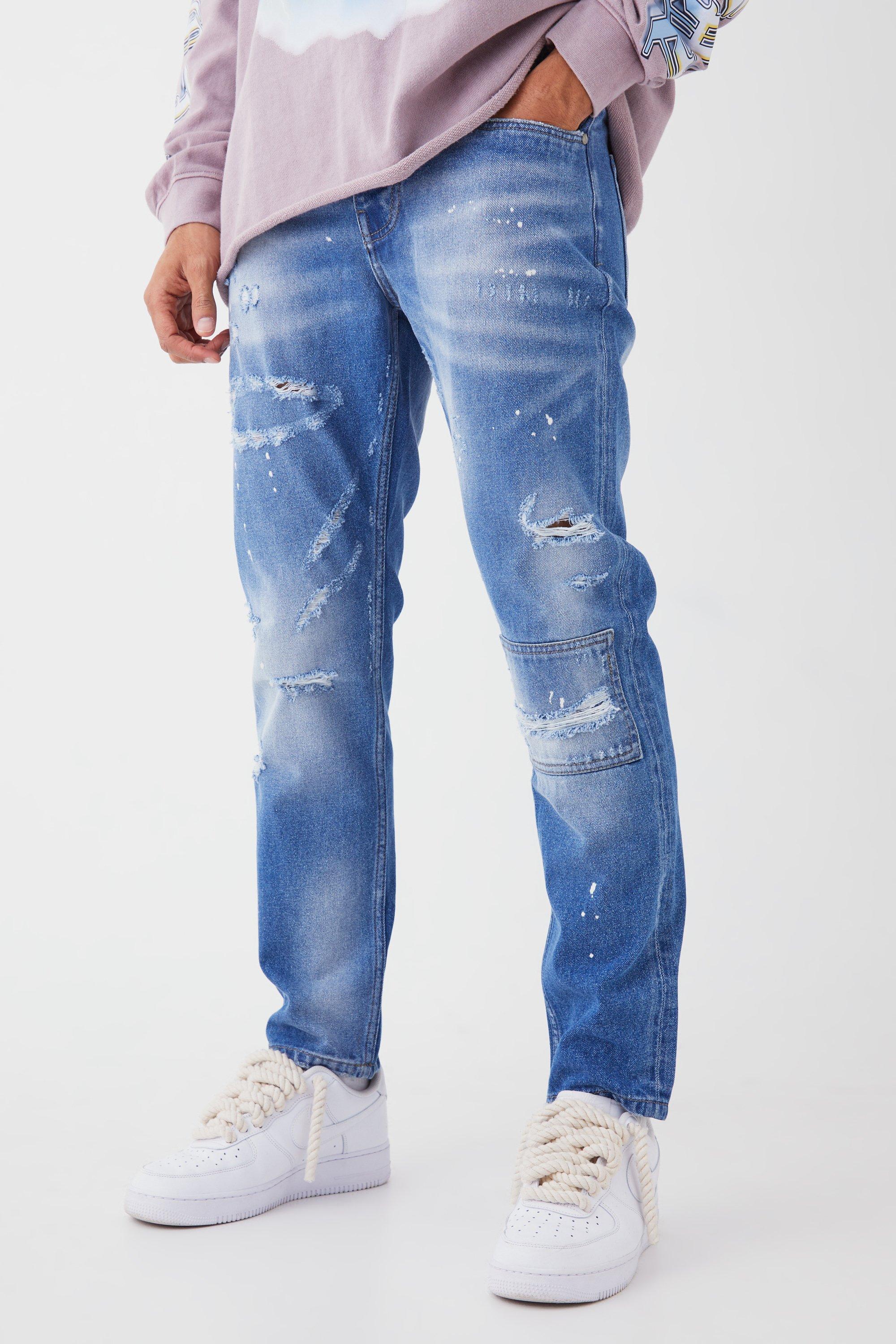 Image of Jeans Slim Fit in denim rigido con strappi sul ginocchio e dettagli dipinti all over, Azzurro