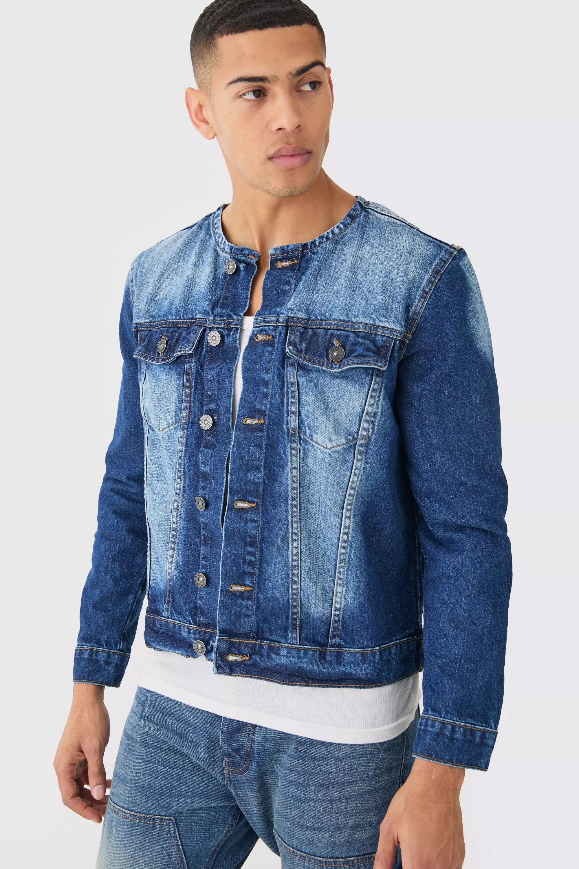 Veste en jean sans col new arrivals