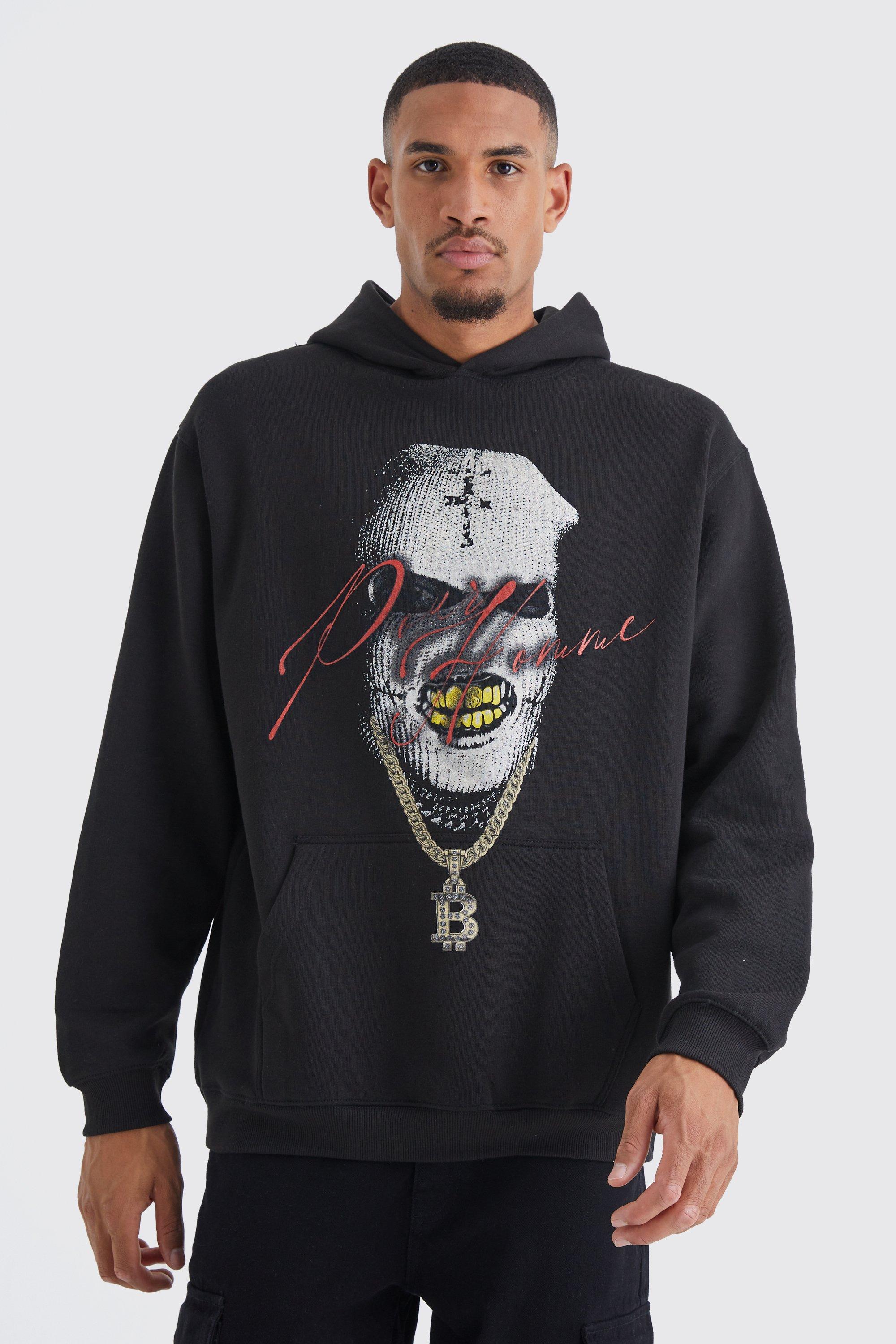 Mens Black Tall Oversized Mask Graphic Hoodie, Black