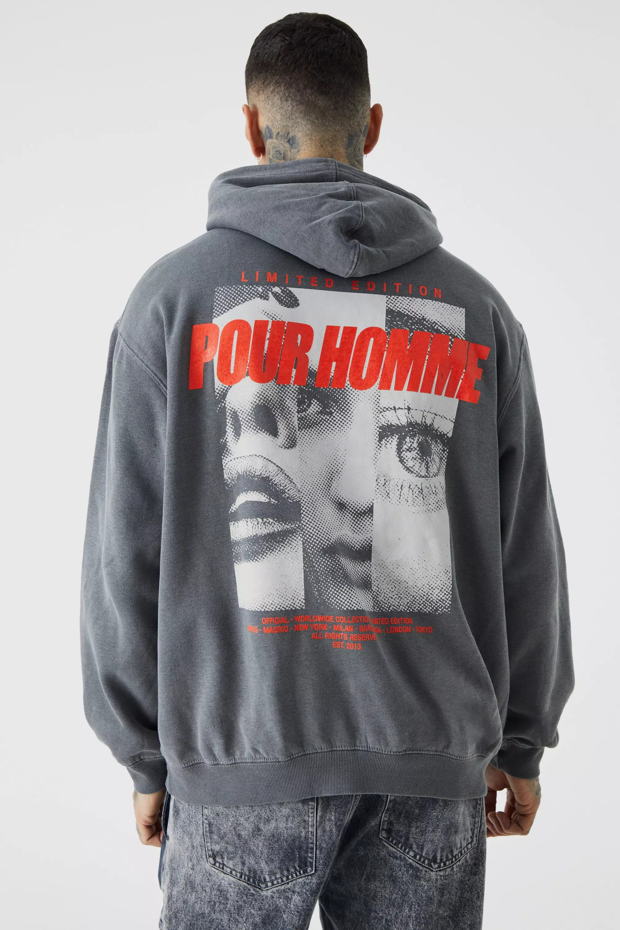 Tall Oversized Pour Homme Acid Wash Graphic Hoodie