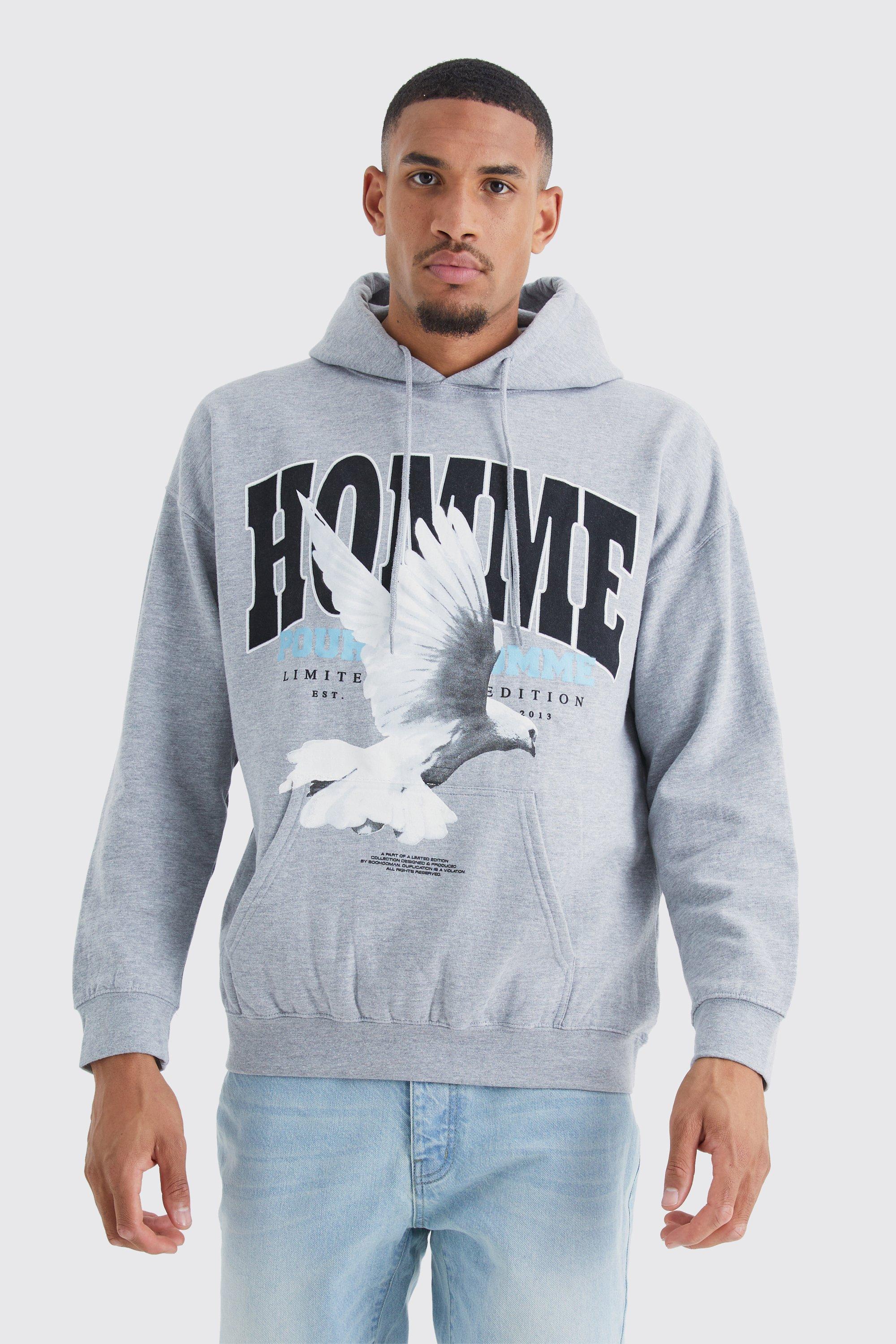 Mens Grey Tall Oversized Homme Dove Print Graphic Hoodie, Grey