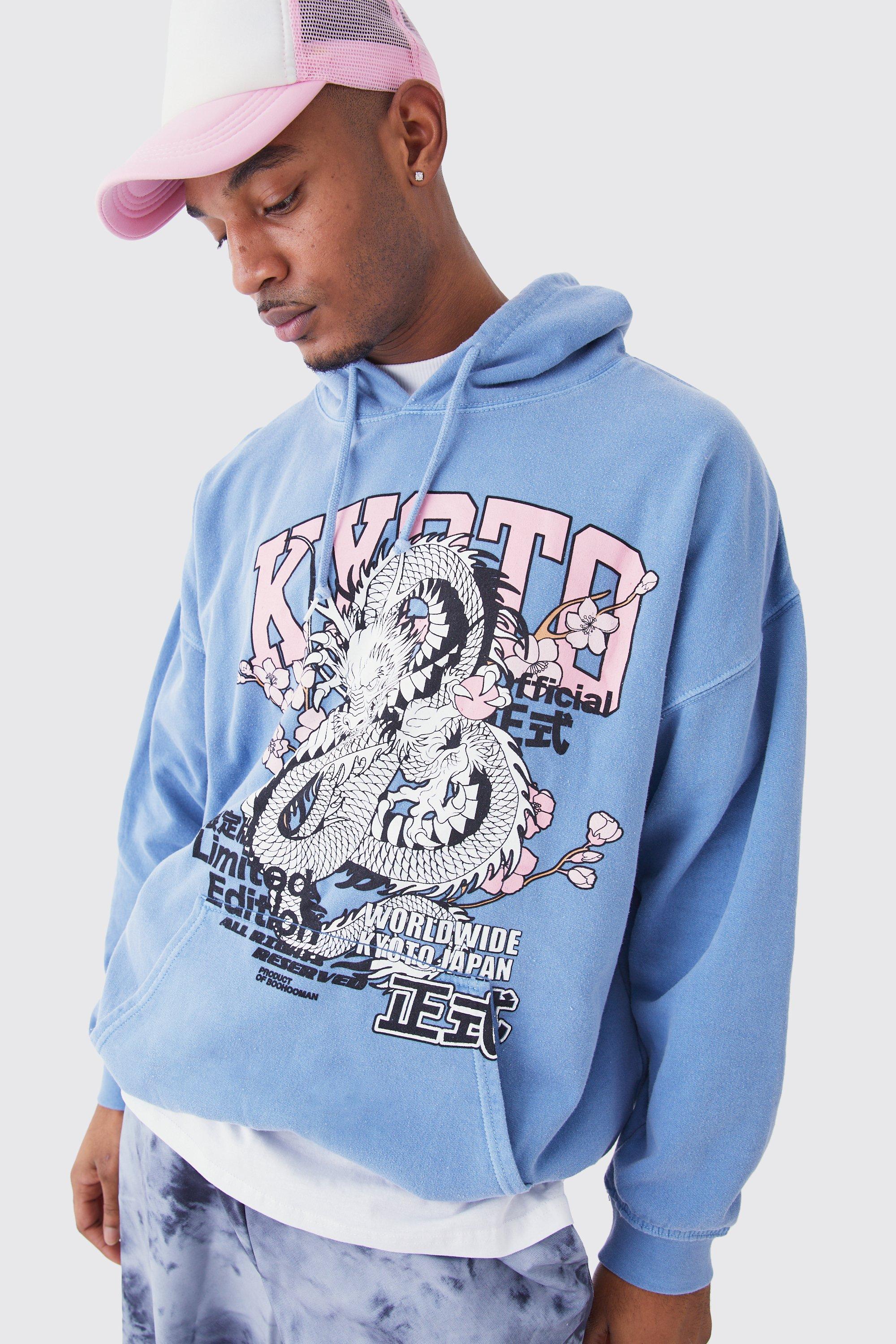 Mens Blue Tall Core Fit Overdye Kyoto Print Graphic Hoodie, Blue