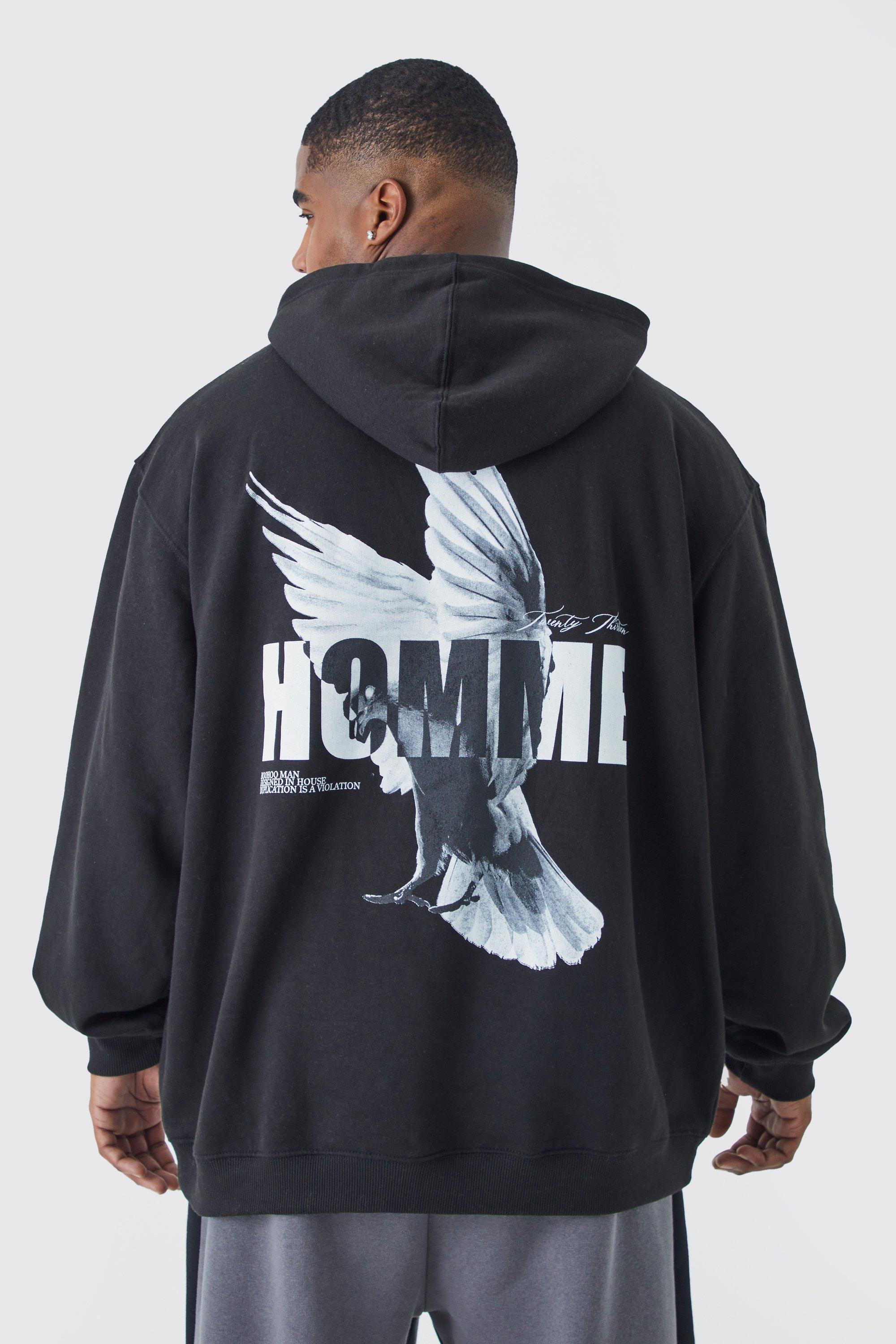 men's plus oversized homme dove back print graphic hoodie - black - xxxl, black