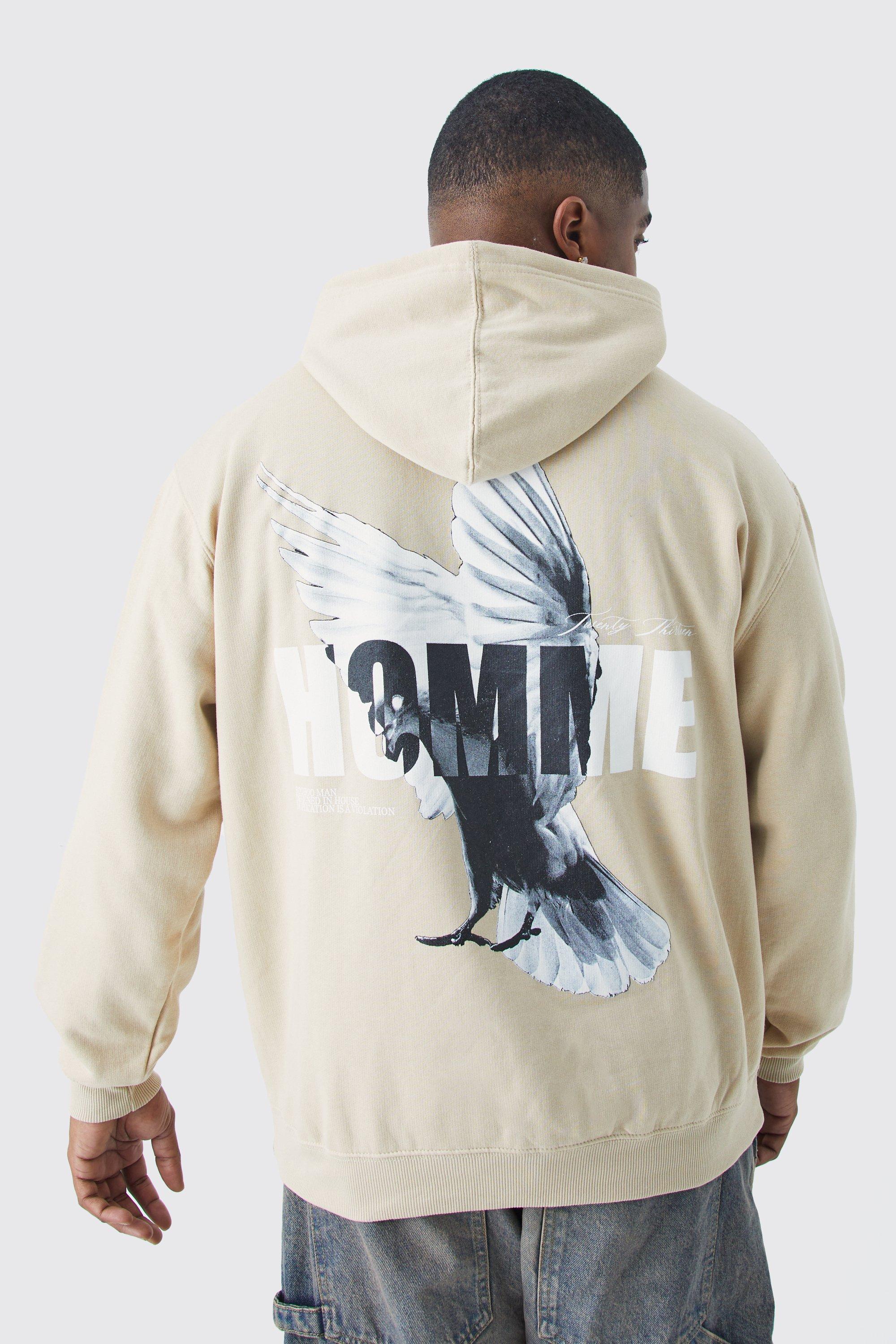 men's plus oversized homme dove back print graphic hoodie - beige - xxxl, beige