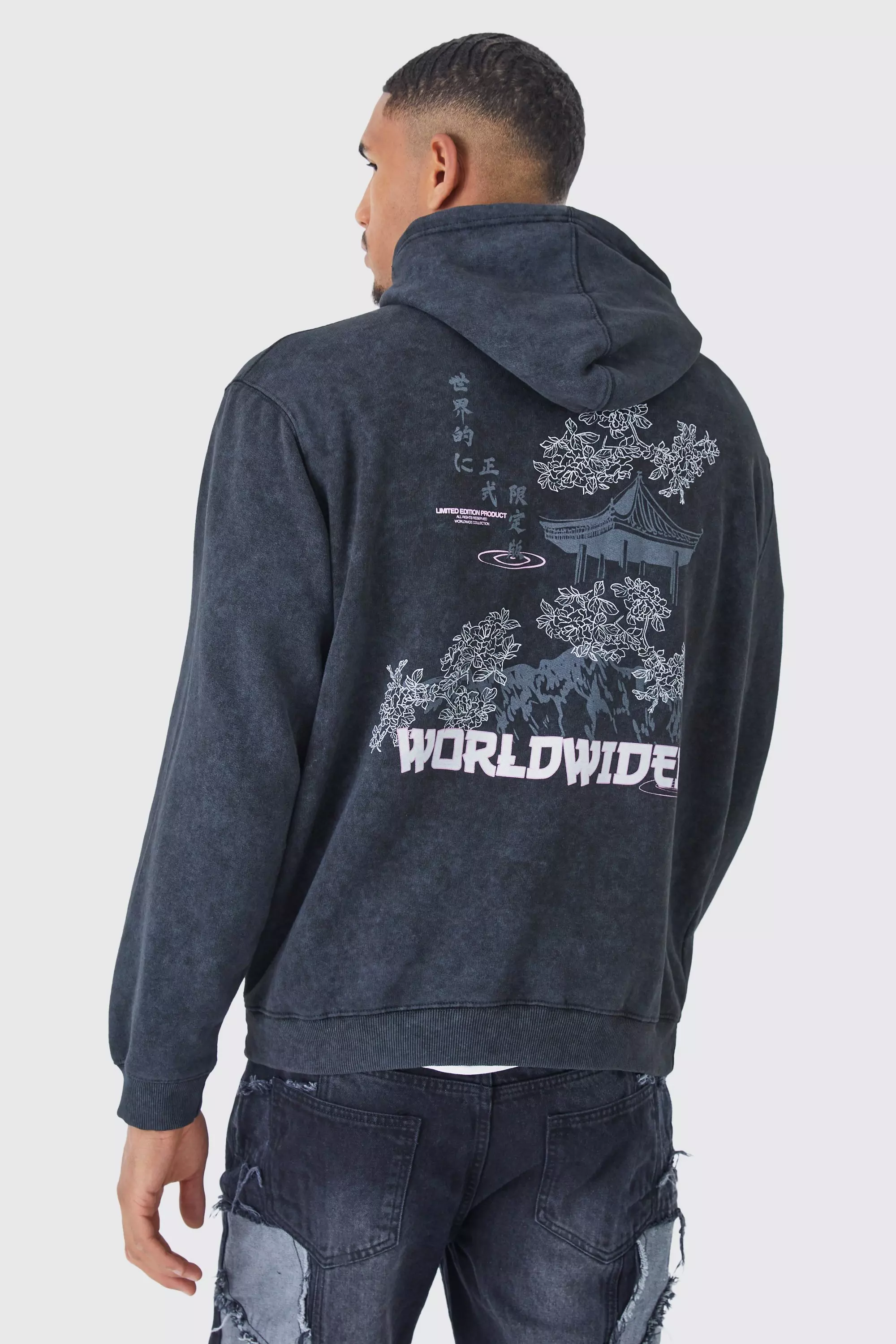 Tall Oversized Acid Wash Graphic Hoodie boohooMAN USA