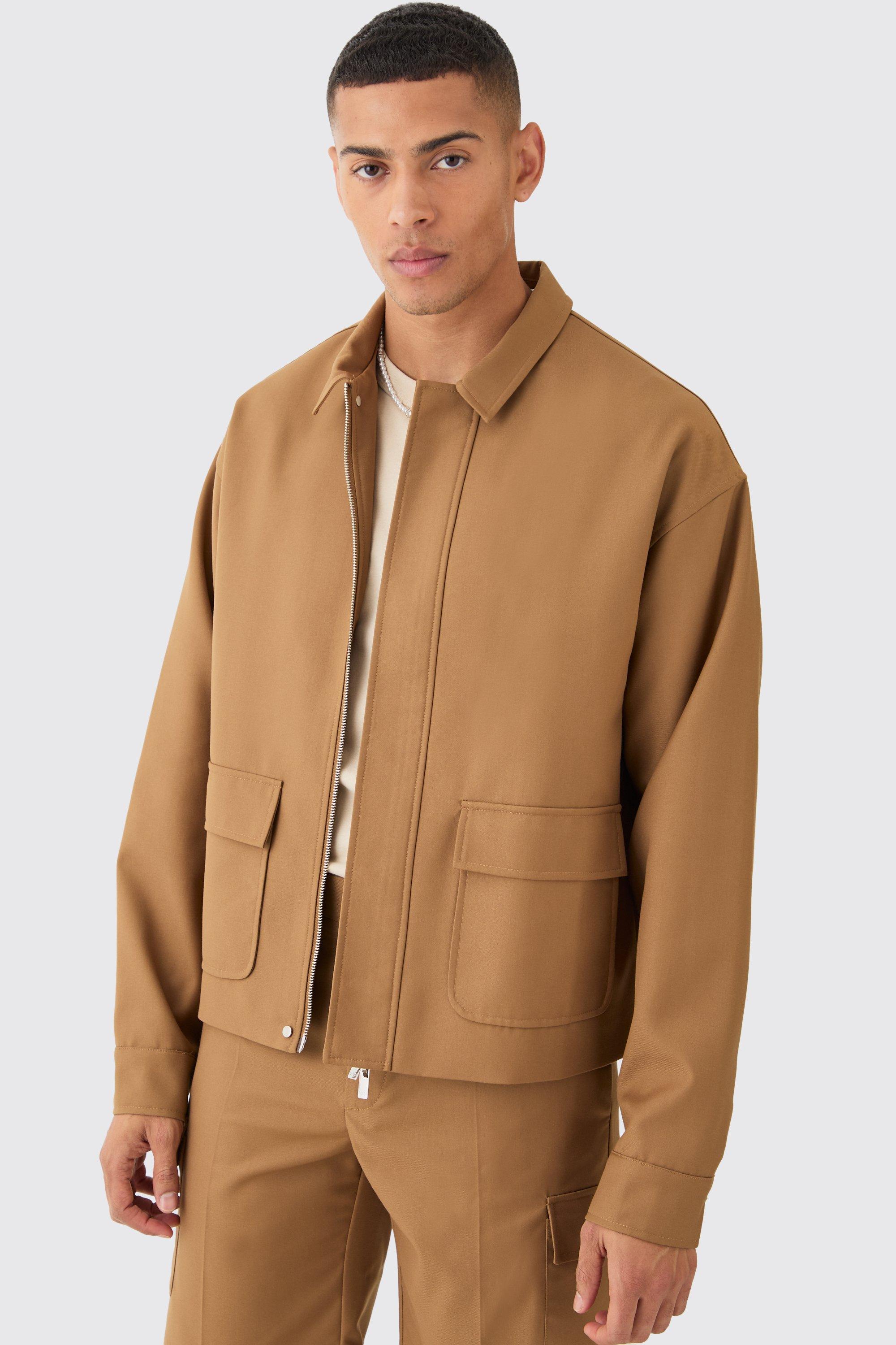 men's tailored regular fit pocket front zip up harrington jacket - brown - 34, brown