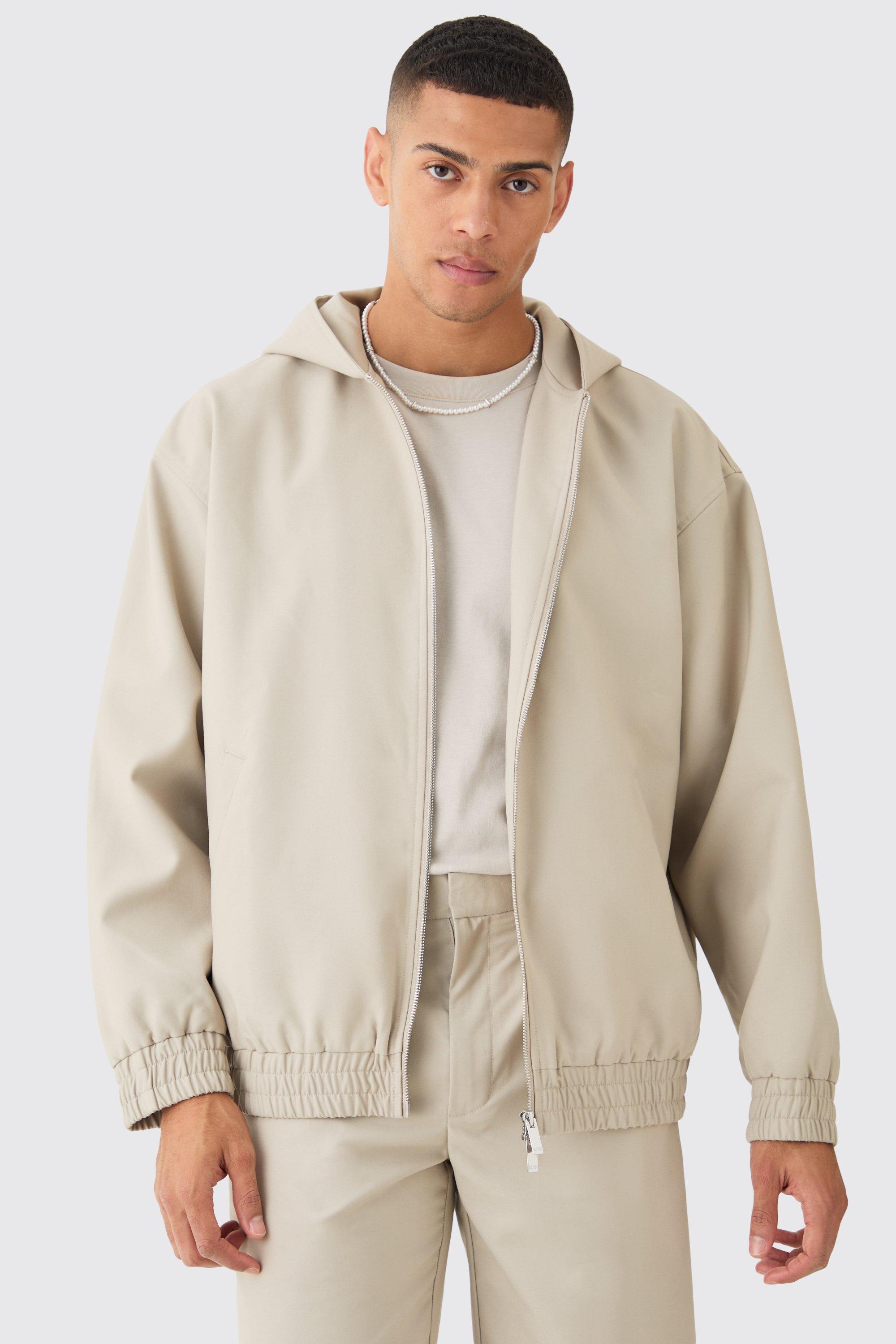 mens beige oversized hooded smart bomber jacket, beige