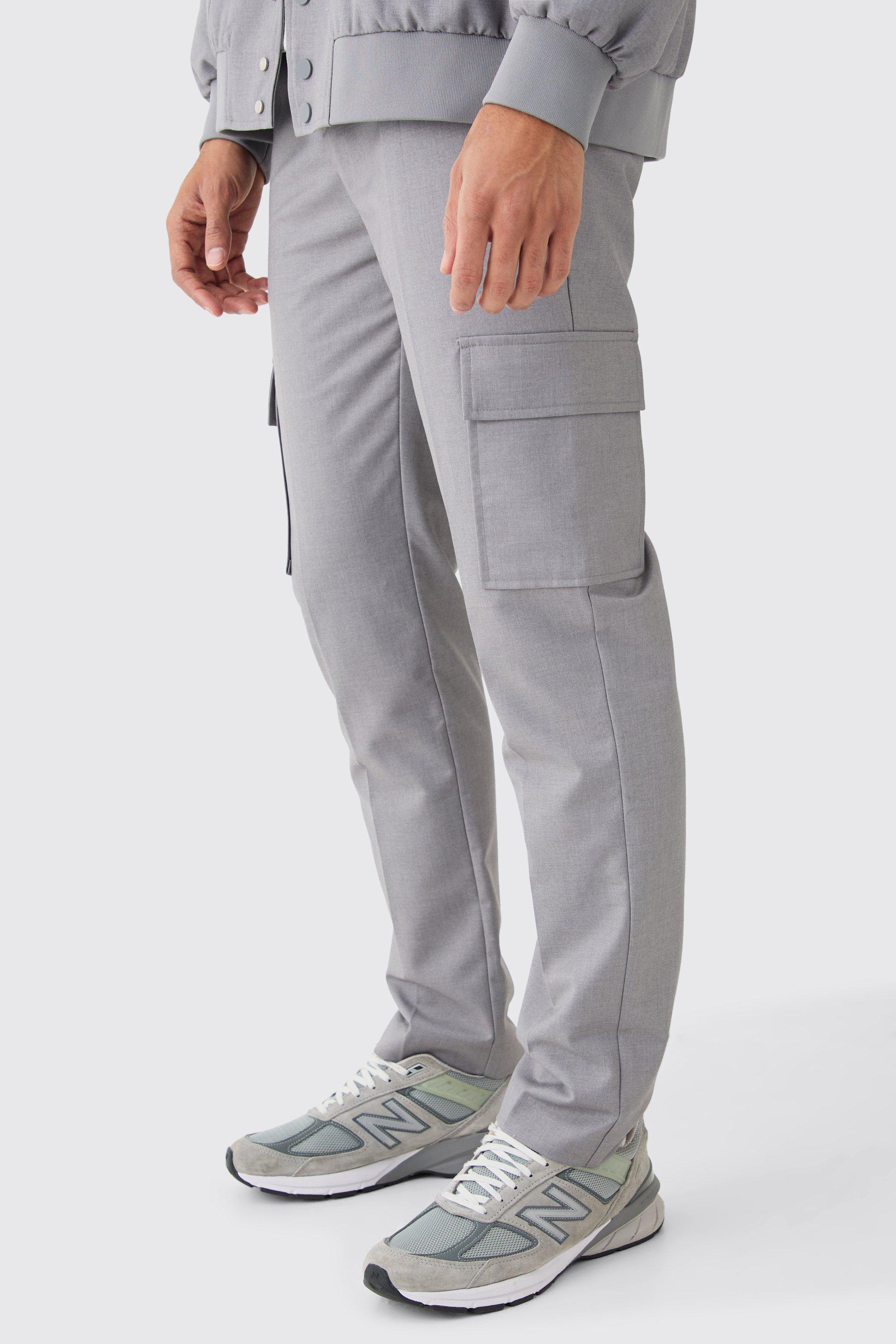 Mens Grey Tailored Straight Fit Cargo Trousers, Grey