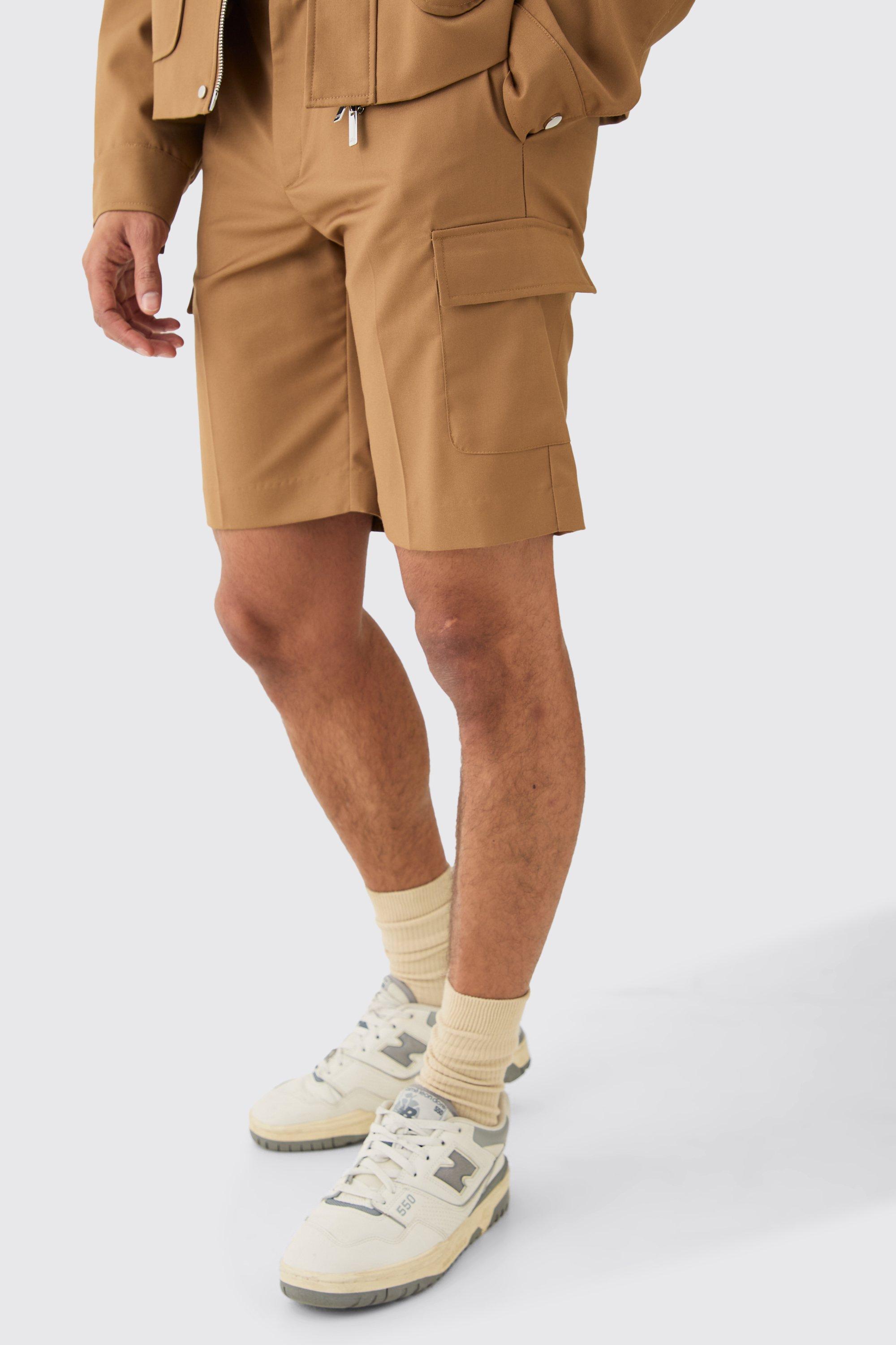 Mens Beige Relaxed Fit Tailored Cargo Shorts, Beige