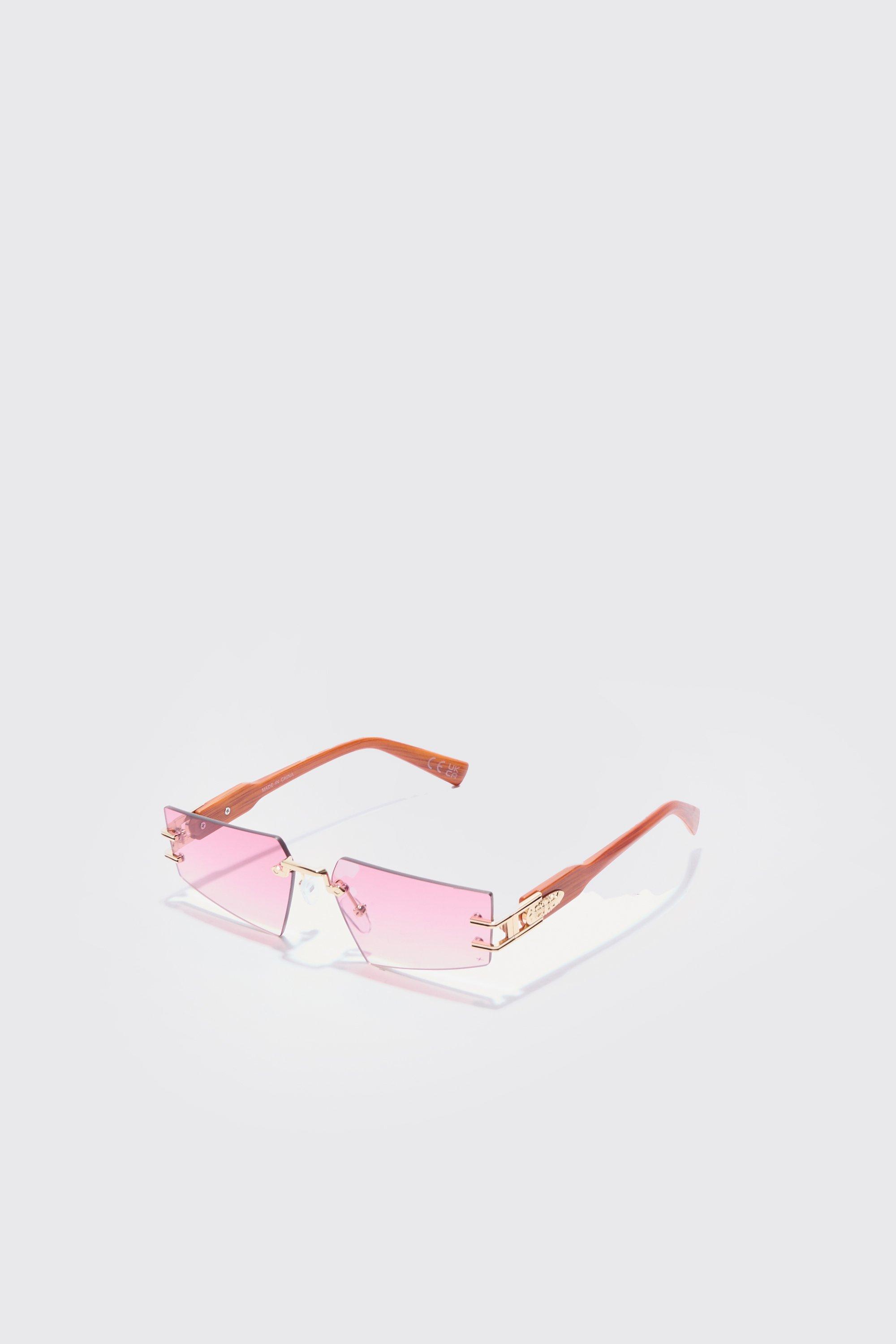 Mens Pink Rimless Temple Detail Sunglasses, Pink