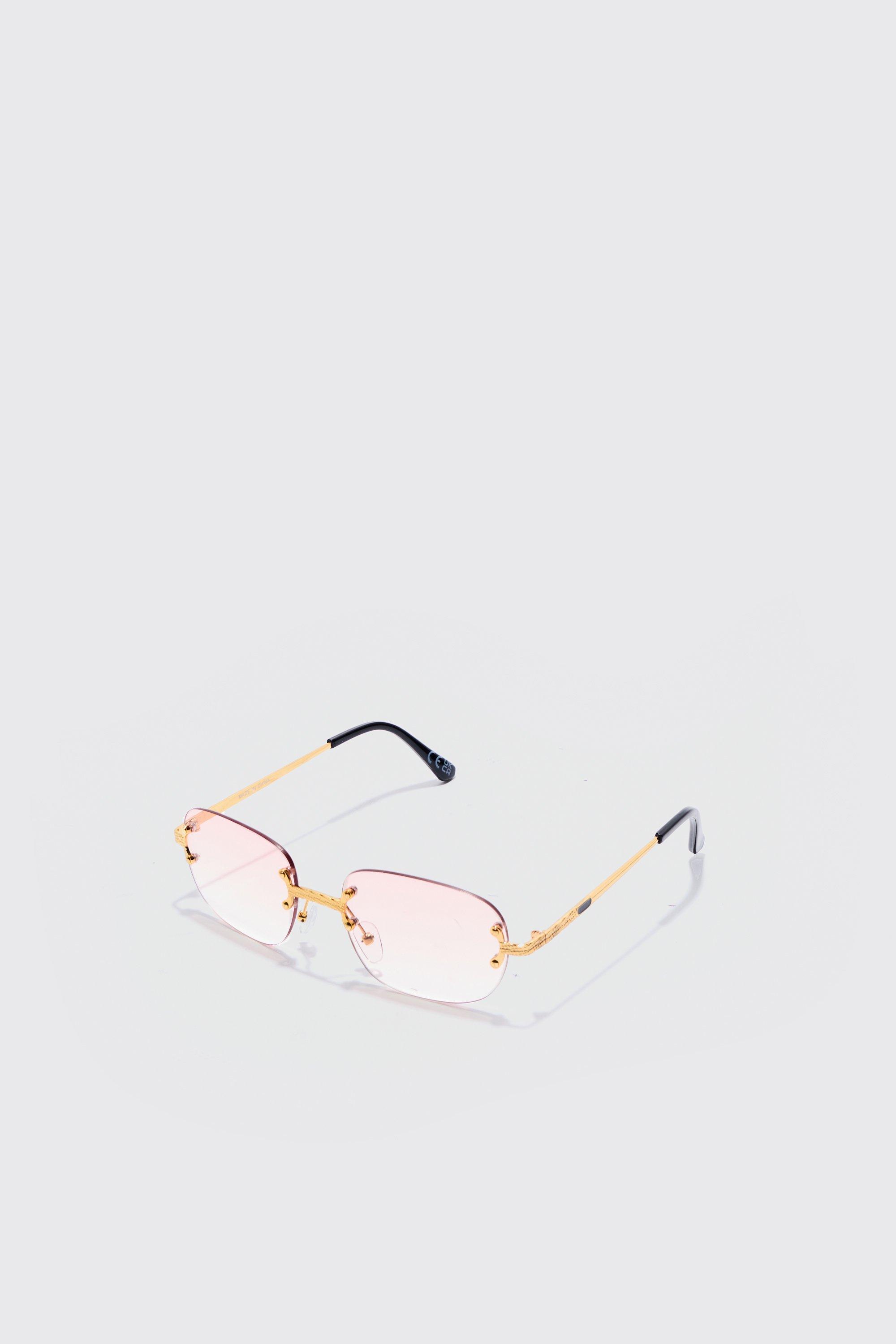 Mens Pink Rimless Temple Detail Sunglasses, Pink