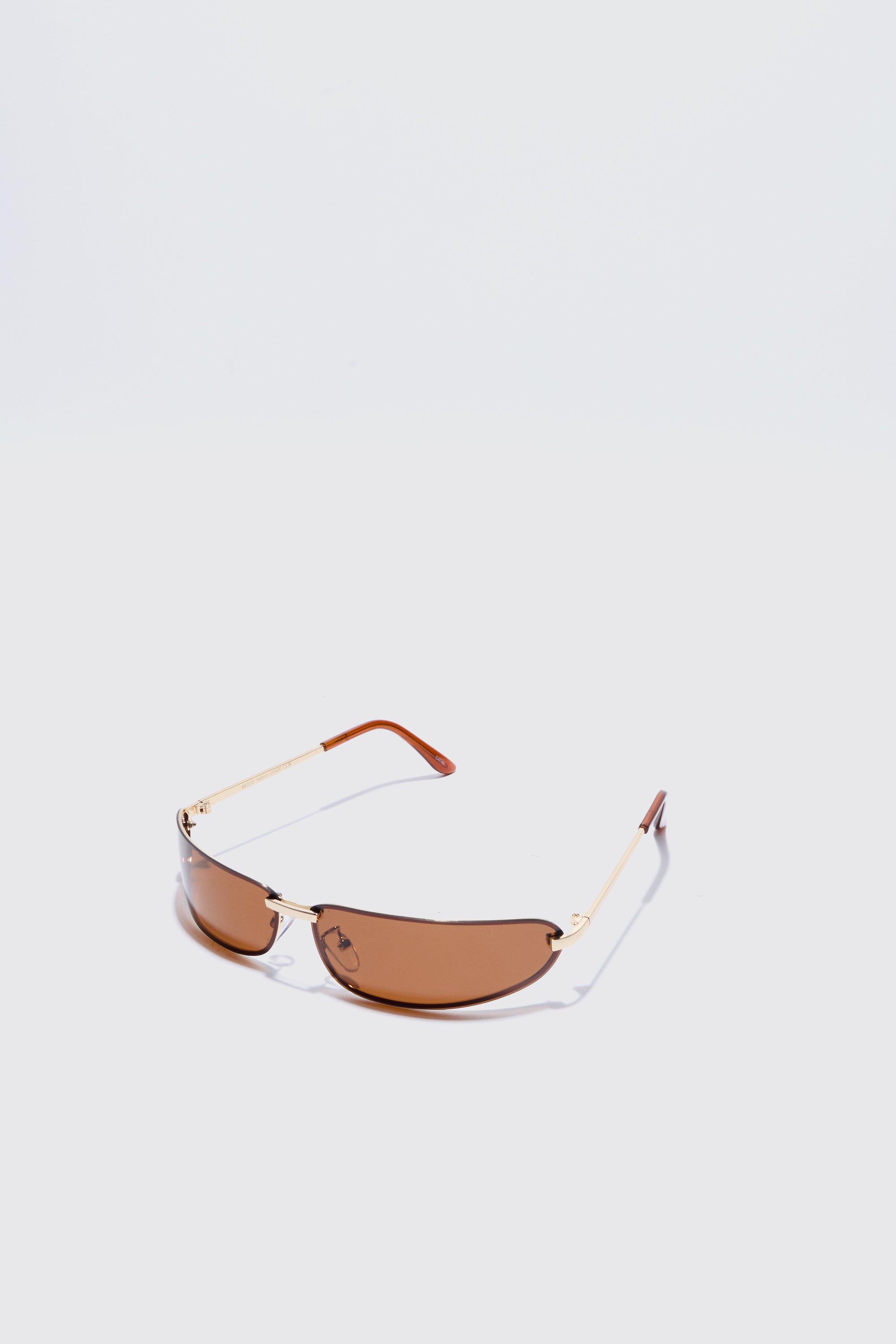 Mens Brown Wrap Lens Metal Sunglasses, Brown