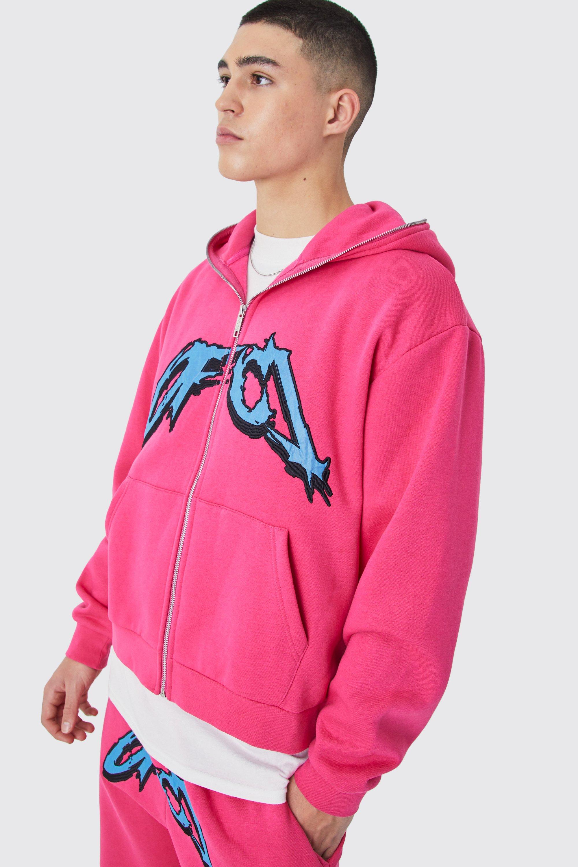 Mens Pink Oversized Boxy Satin Ofcl Zip Through Hoodie, Pink