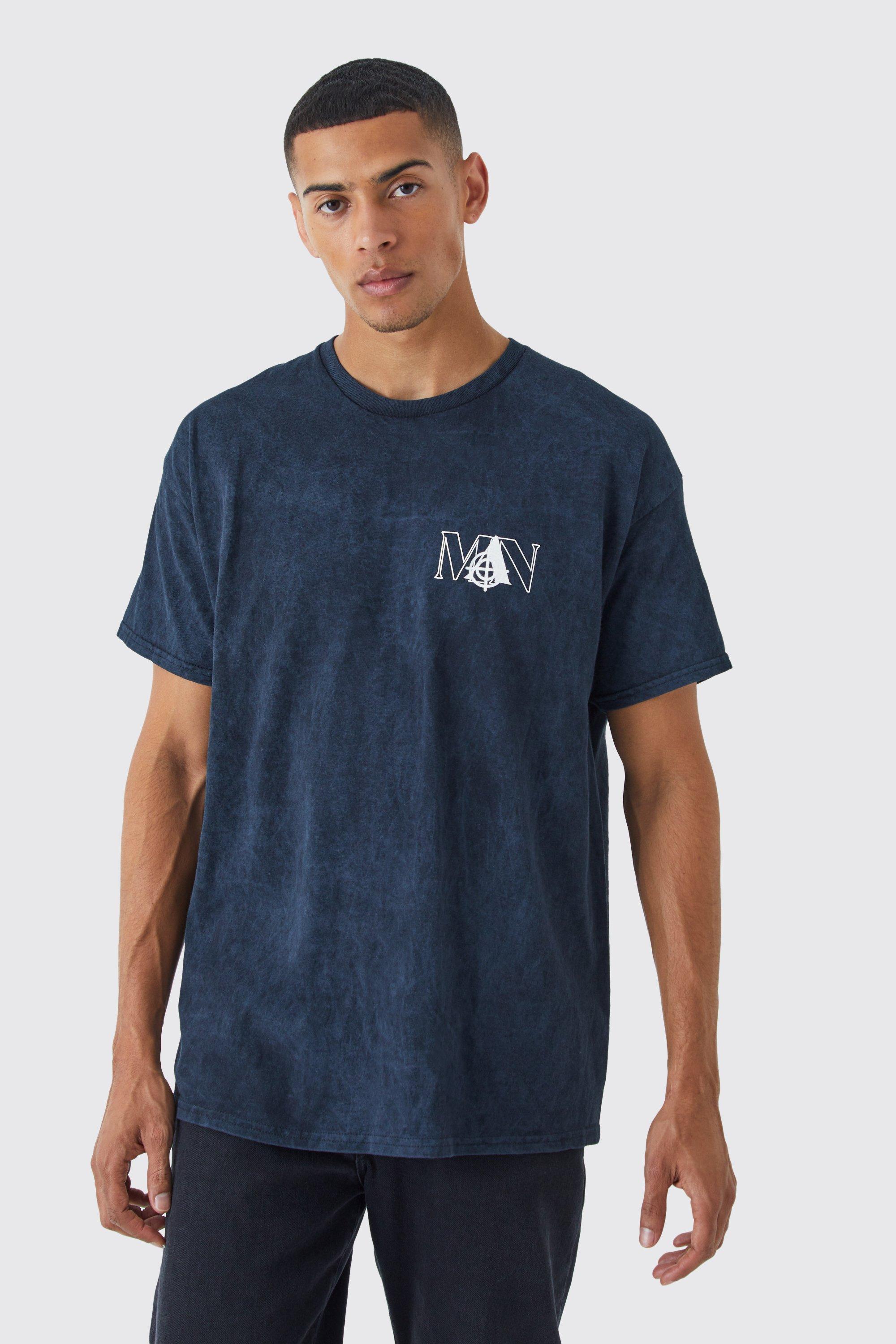 men's oversized acid wash man graphic t-shirt - black - s, black