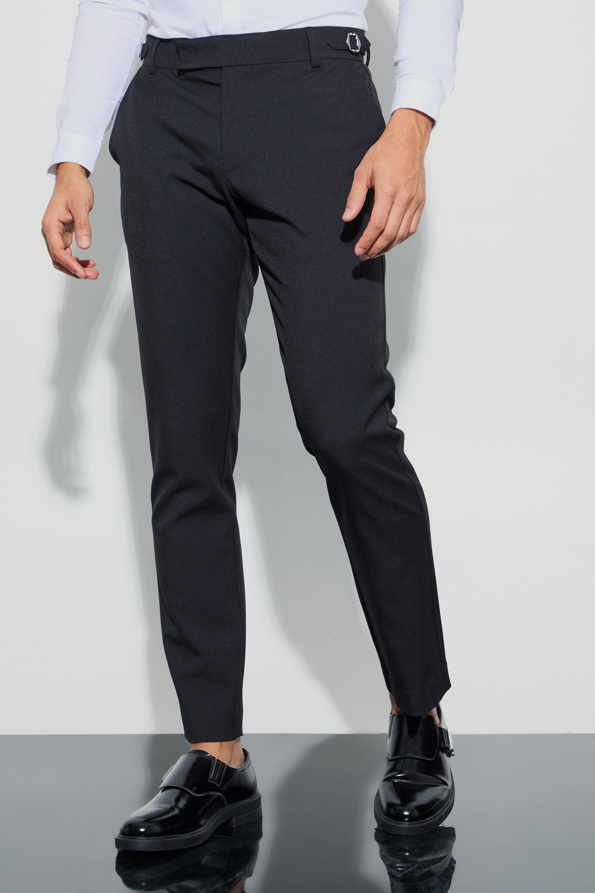 Mens Black Wool Look Adjustable Waist Tailored Trousers, Black