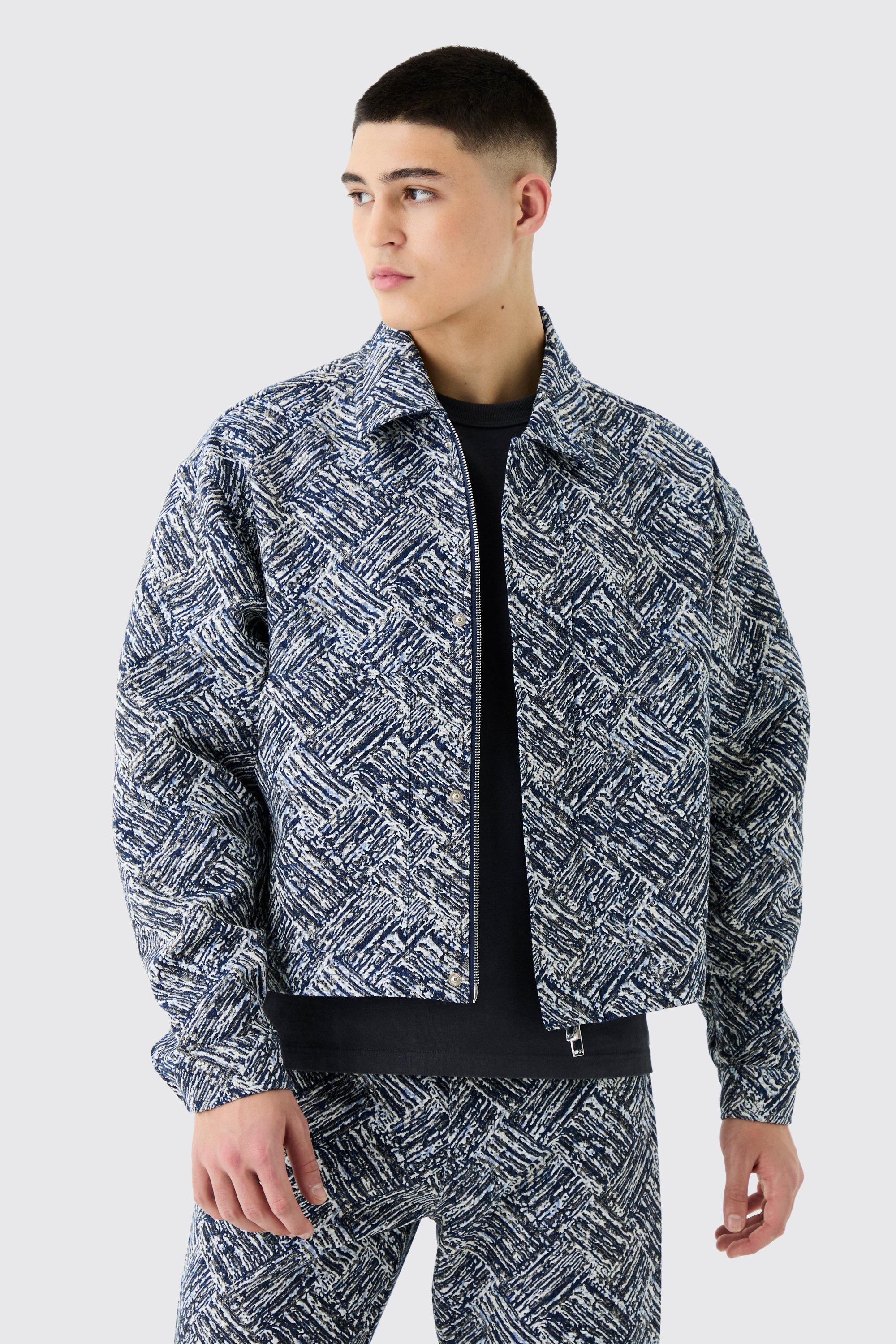 Mens Blue Boxy Fit Fabric Interest Tapestry Jacket, Blue