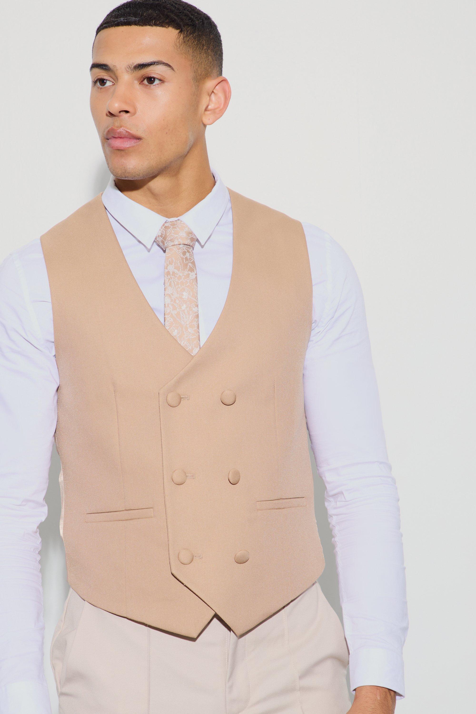 Mens Brown Textured Double Breasted Waistcoat, Brown