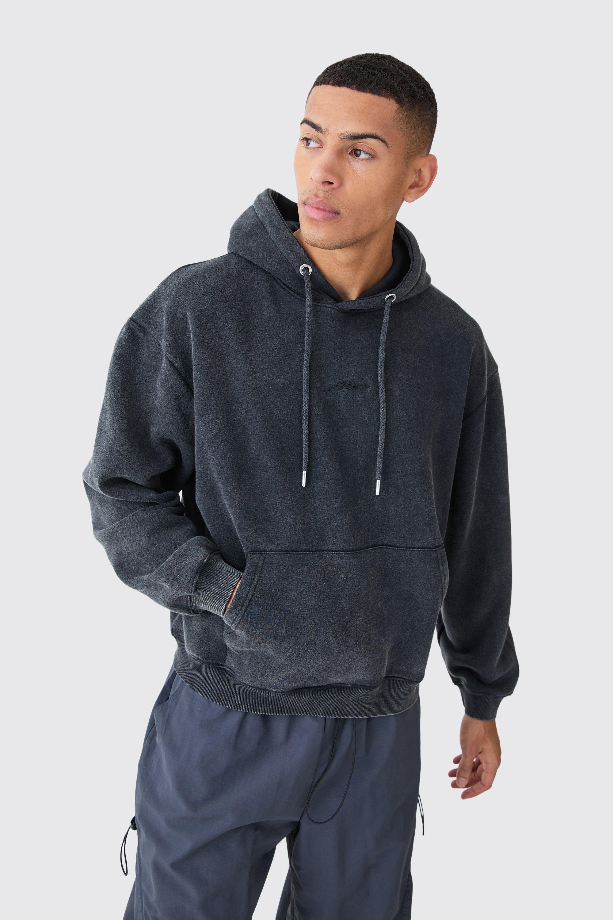 men's man oversized boxy acid wash hoodie - grey - s, grey