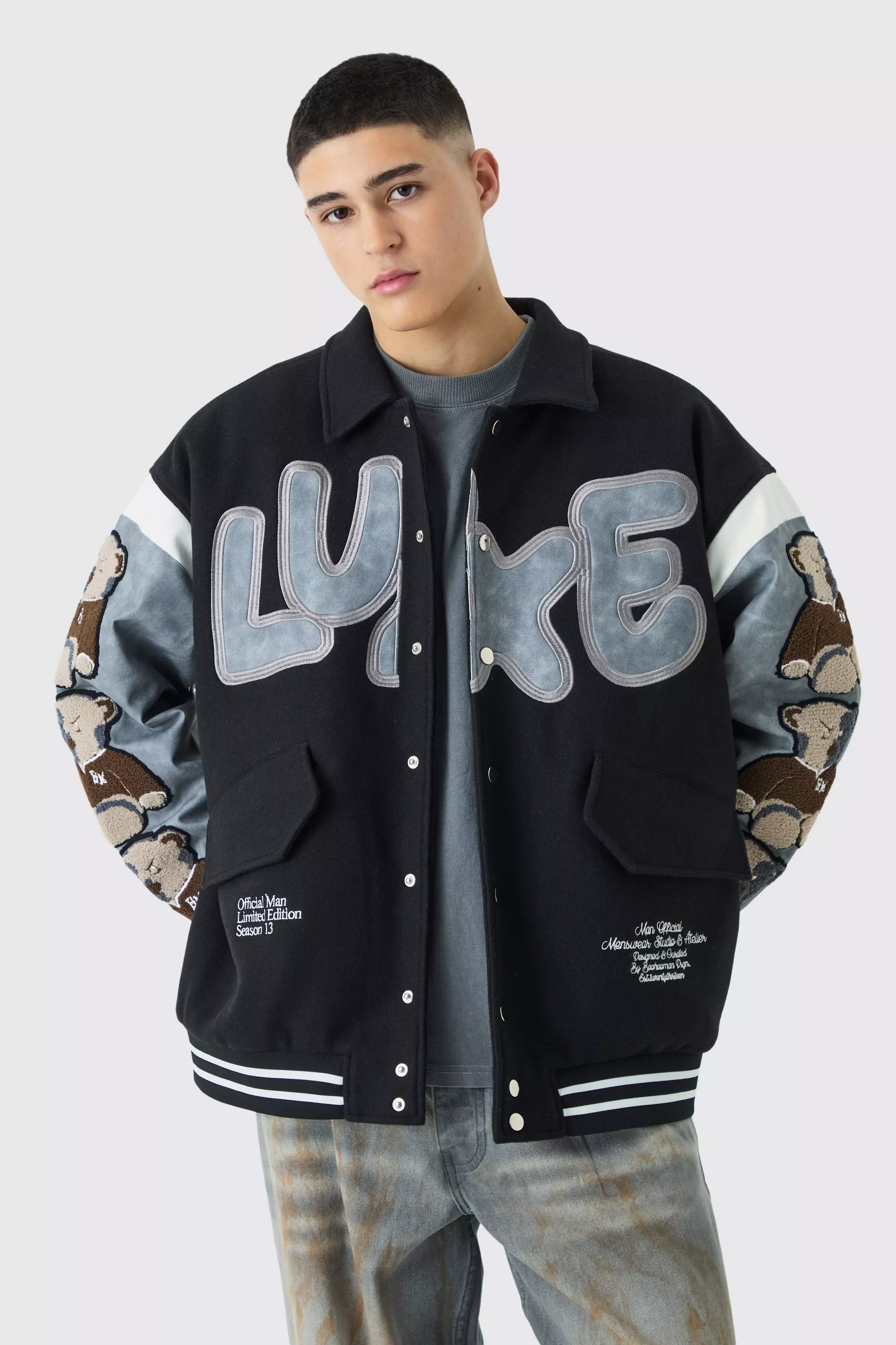 Oversized Washed Sleeve Teddy Varsity Jacket