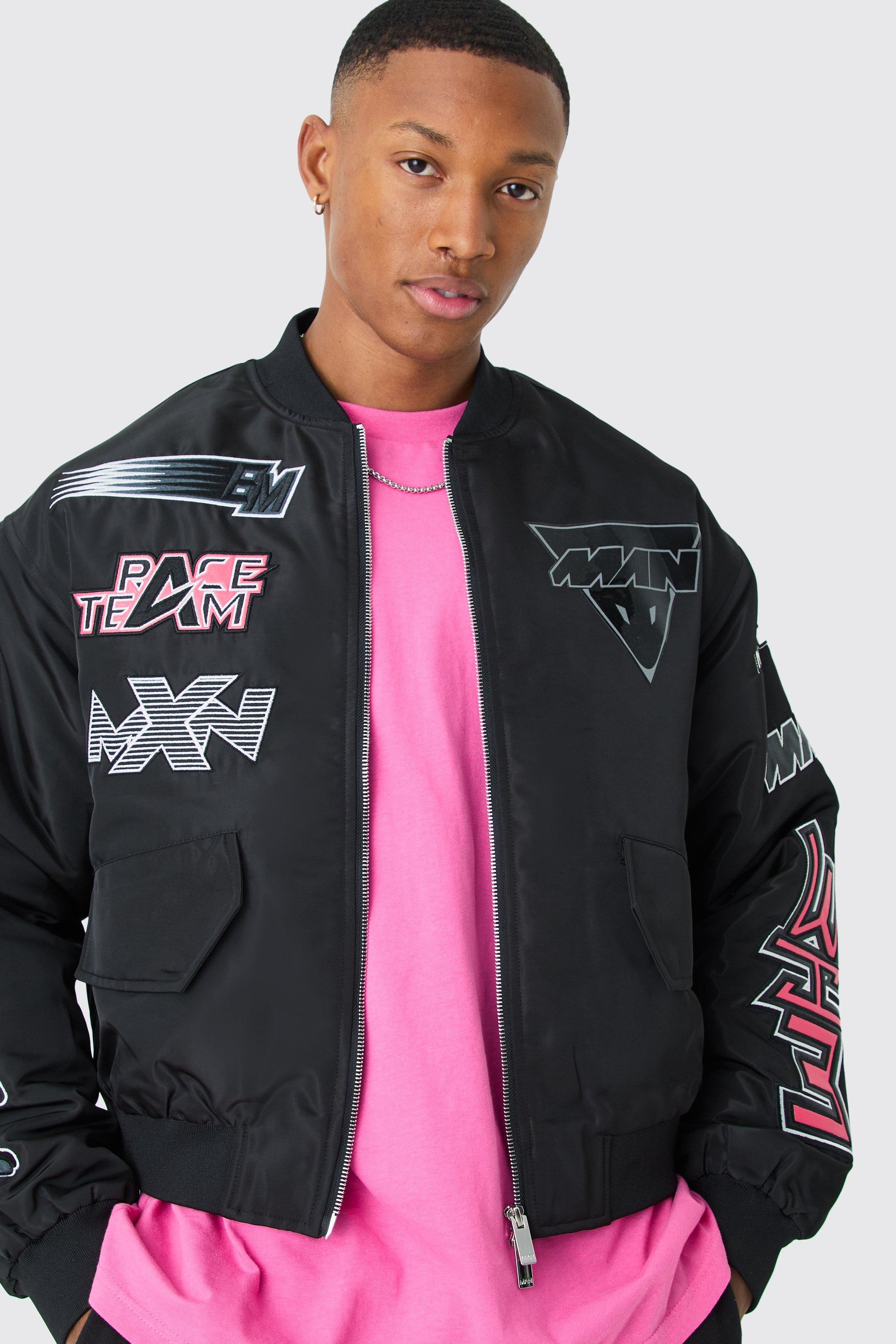 Mens Black Boxy High Shine Nylon Moto Bomber, Black