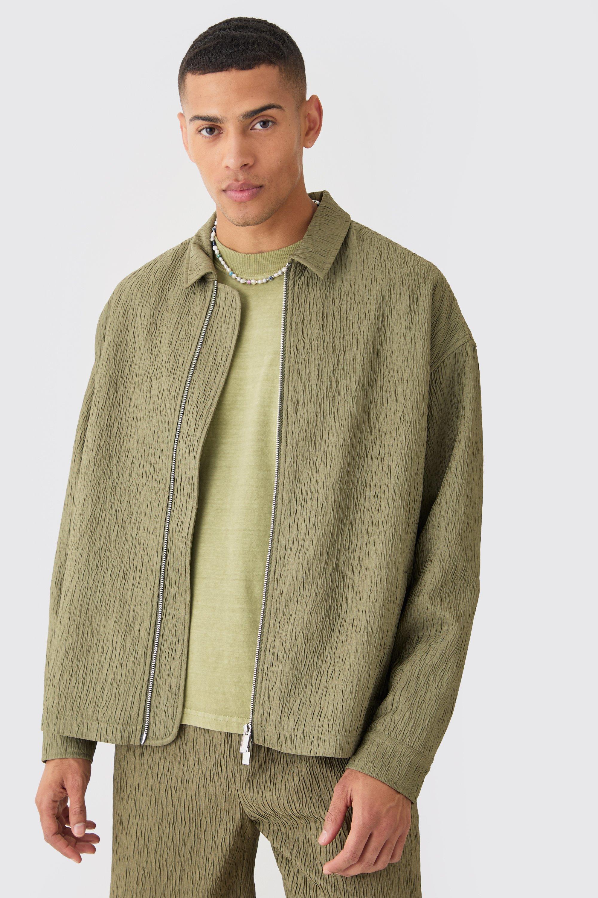 Mens Green Textured Satin Oversized Fit Zip Up Harrington Jacket, Green