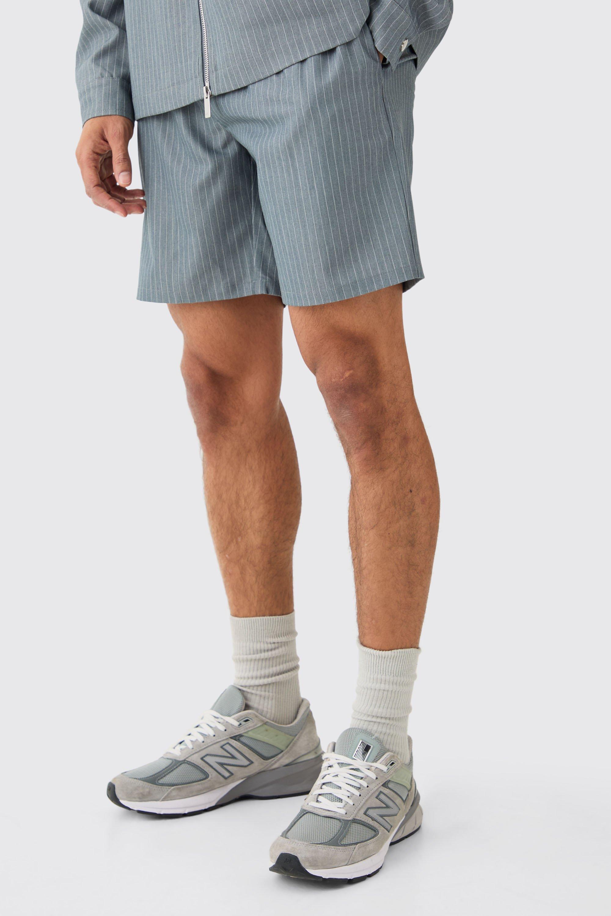 Mens Grey Pinstripe Elasticated Waist Shorts, Grey