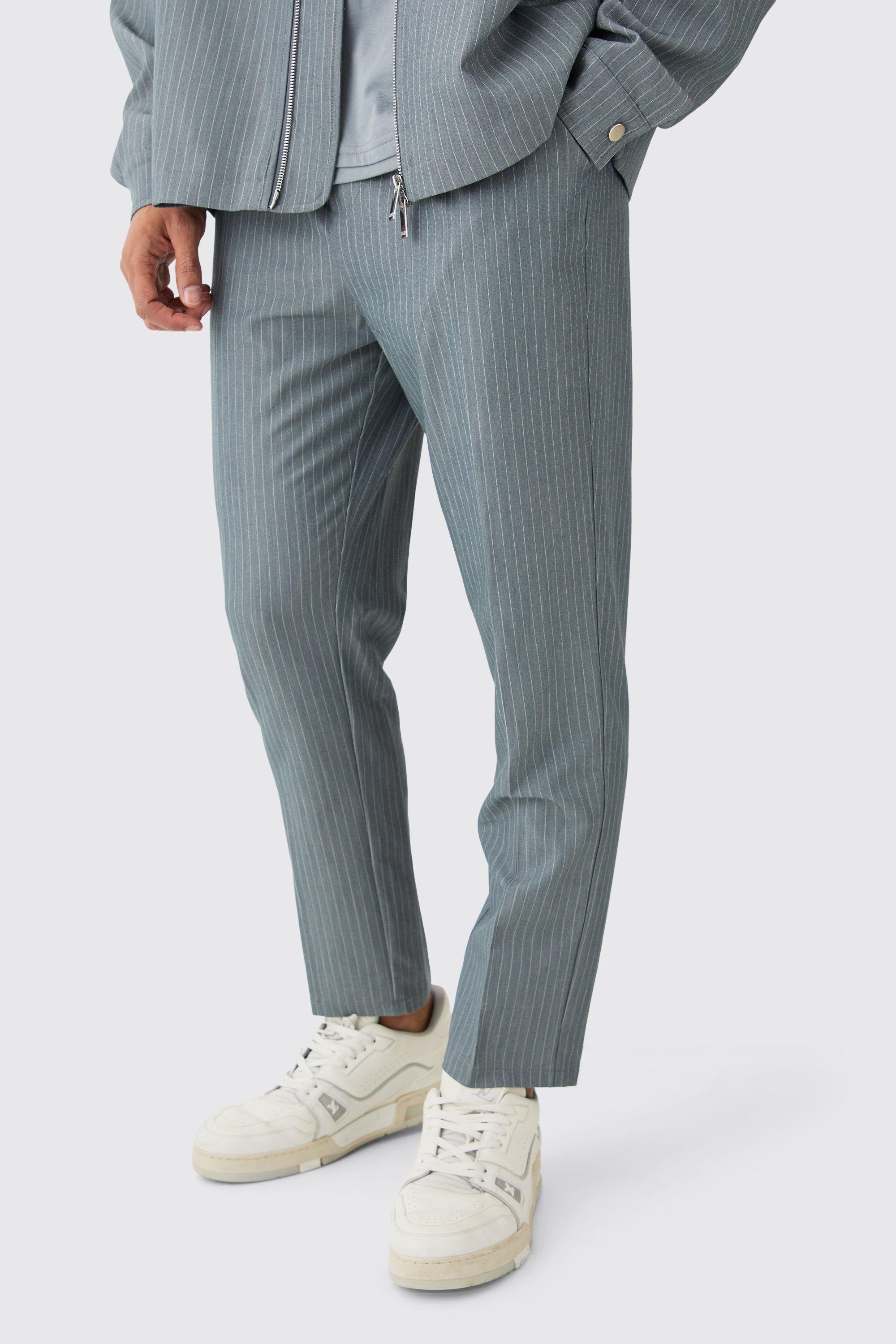 Mens Grey Pinstripe Elasticated Waist Tapered Trousers, Grey